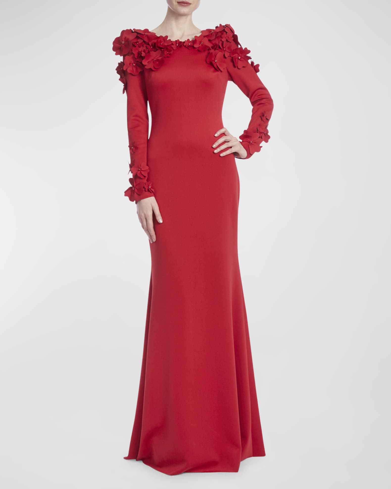 Badgley Mischka Collection Long Sleeve Floral Applique Trumpet