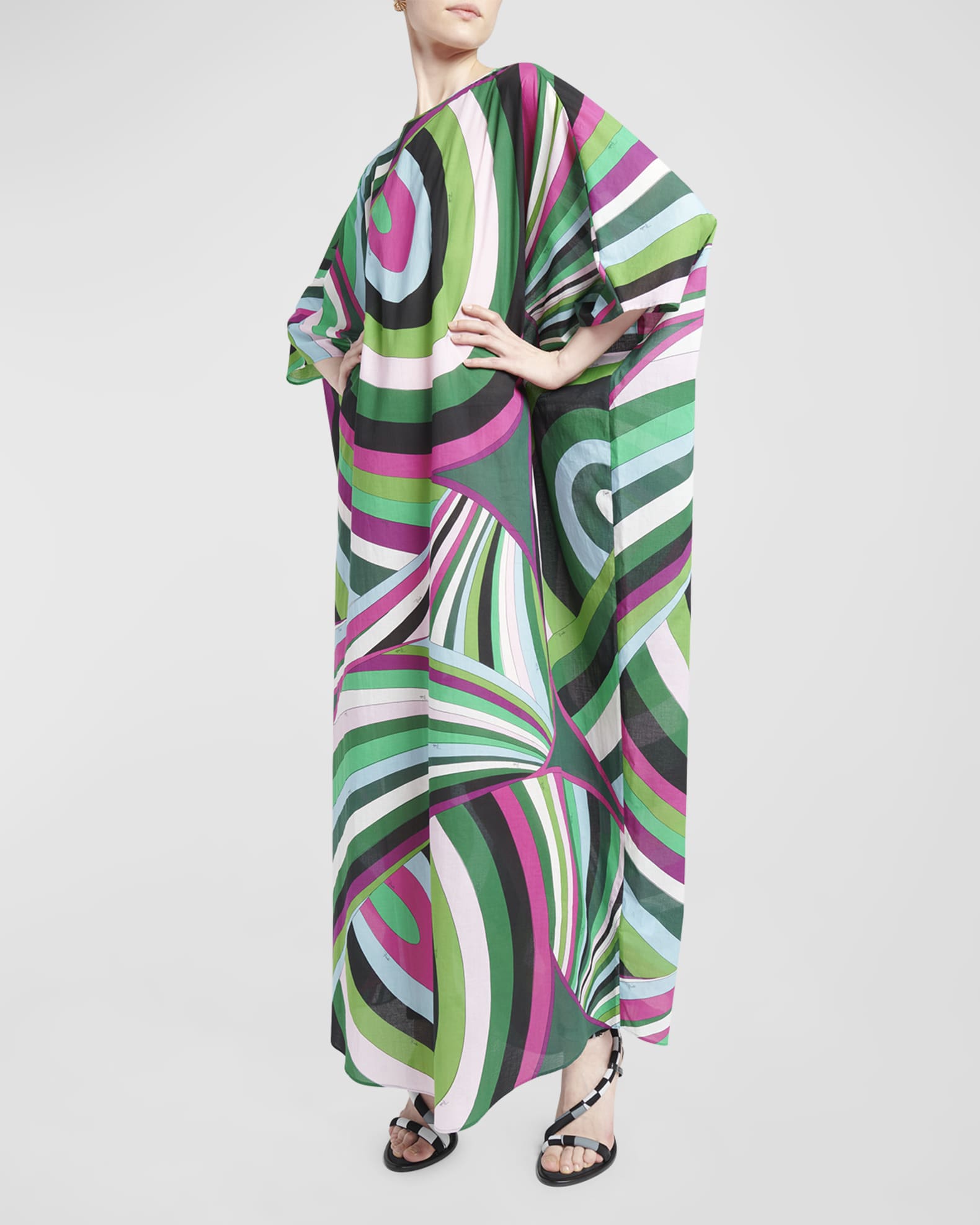 Emilio Pucci Abstract-Print 3/4-Sleeve Maxi Kaftan Dress | Neiman Marcus