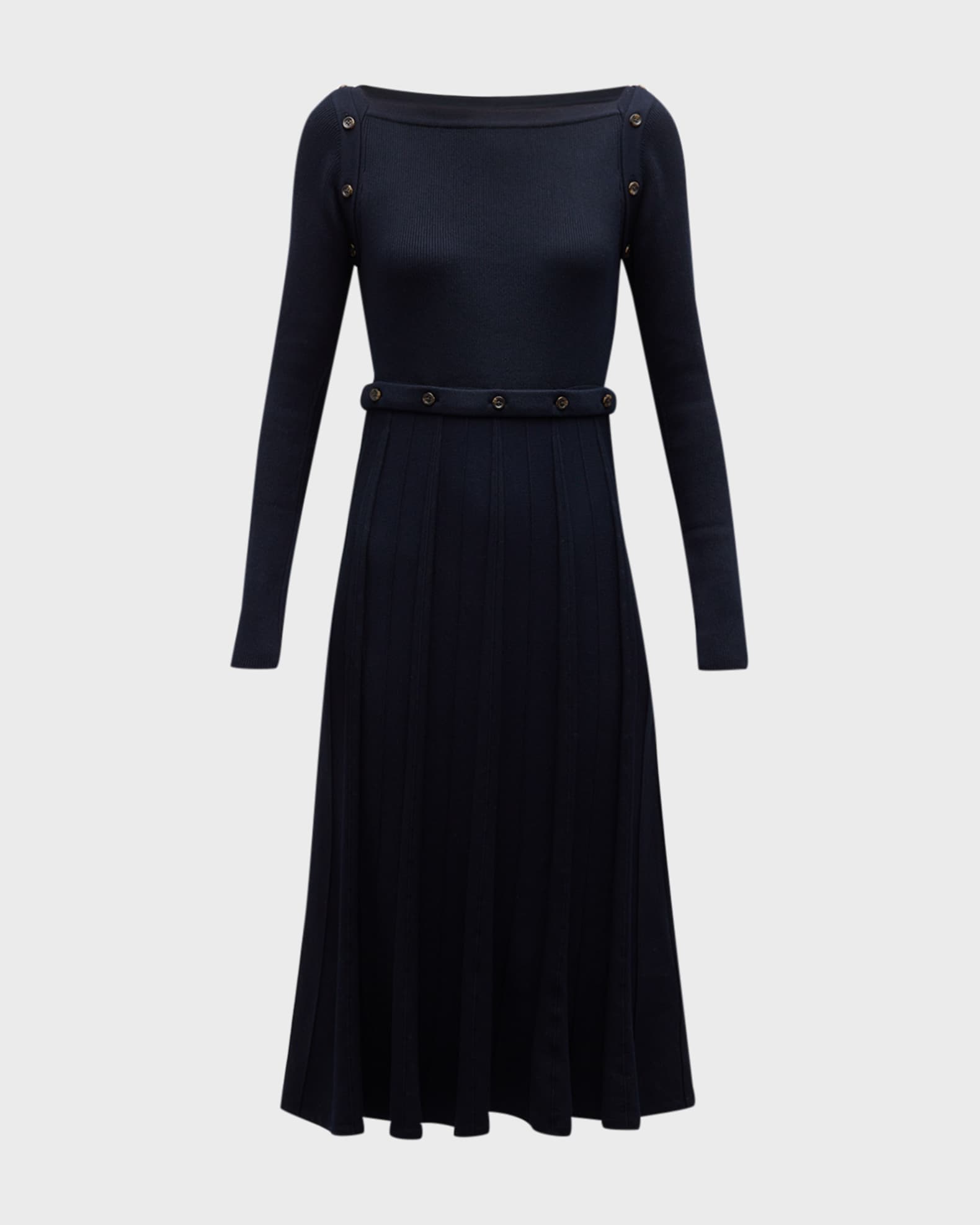 ADEAM Gemma Button Long-Sleeve Pleated Knit Midi Dress | Neiman Marcus