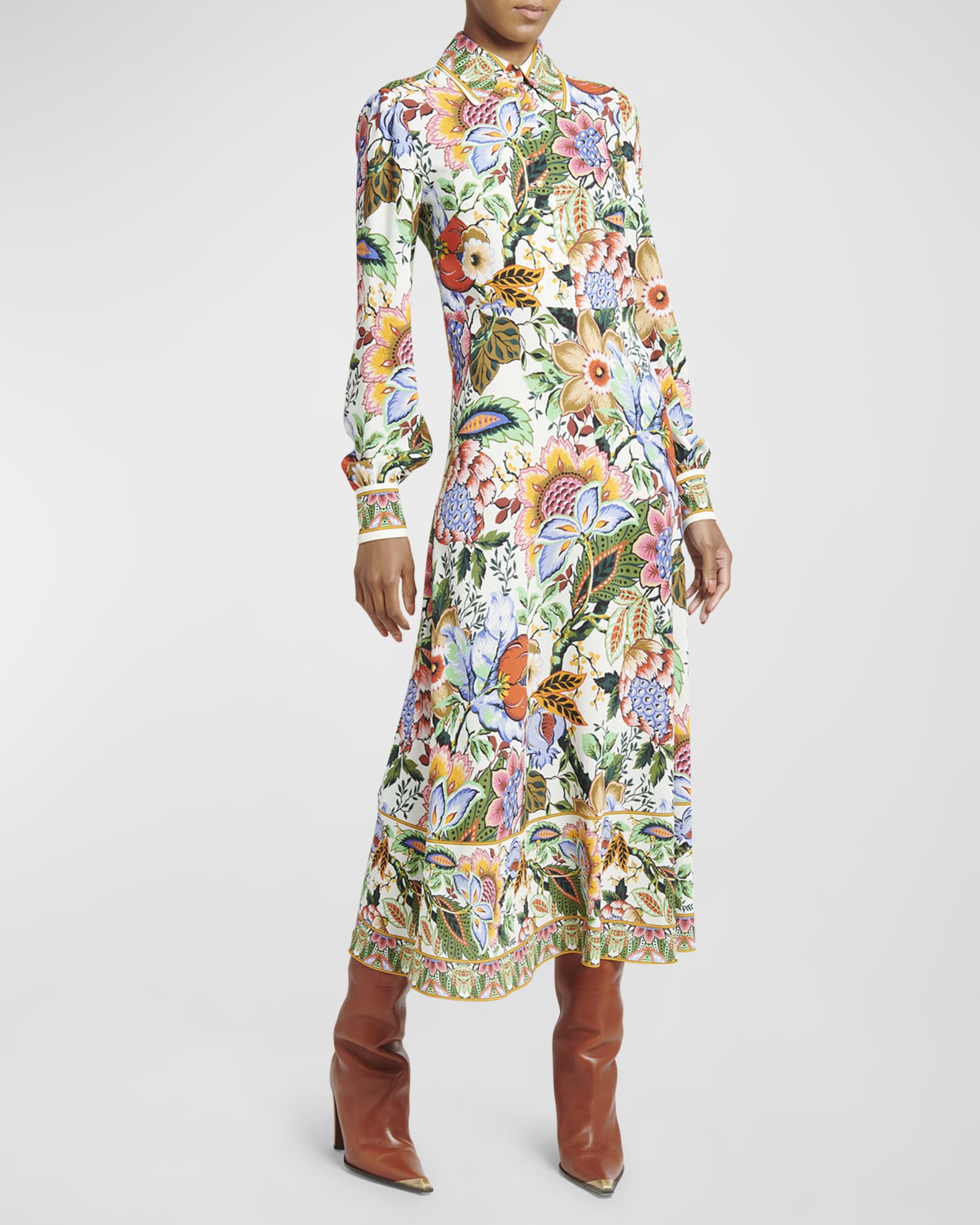 Etro Treee of Life Cady Midi Button-Front Shirt Dress | Neiman Marcus