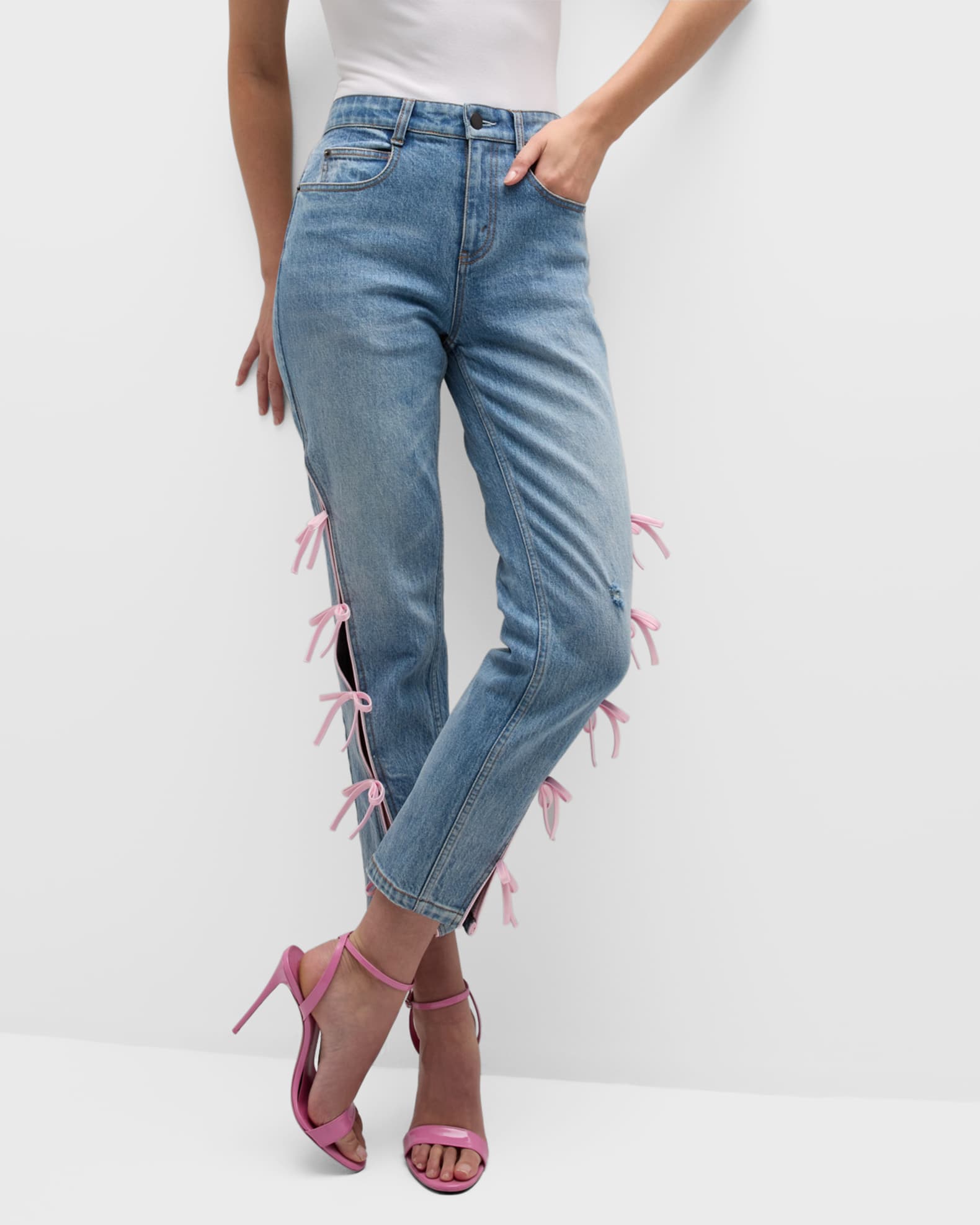 Hellessy Janelle Distressed Skinny Jeans with Ribbon Detail Neiman Marcus