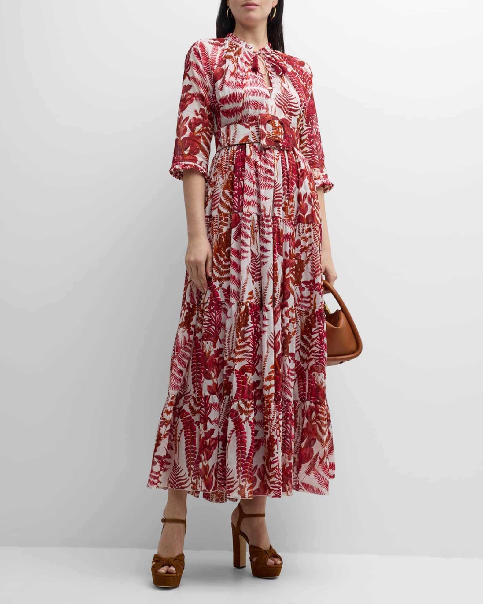Samantha Sung Eden Tiered Botanical-Print Cotton Maxi Dress