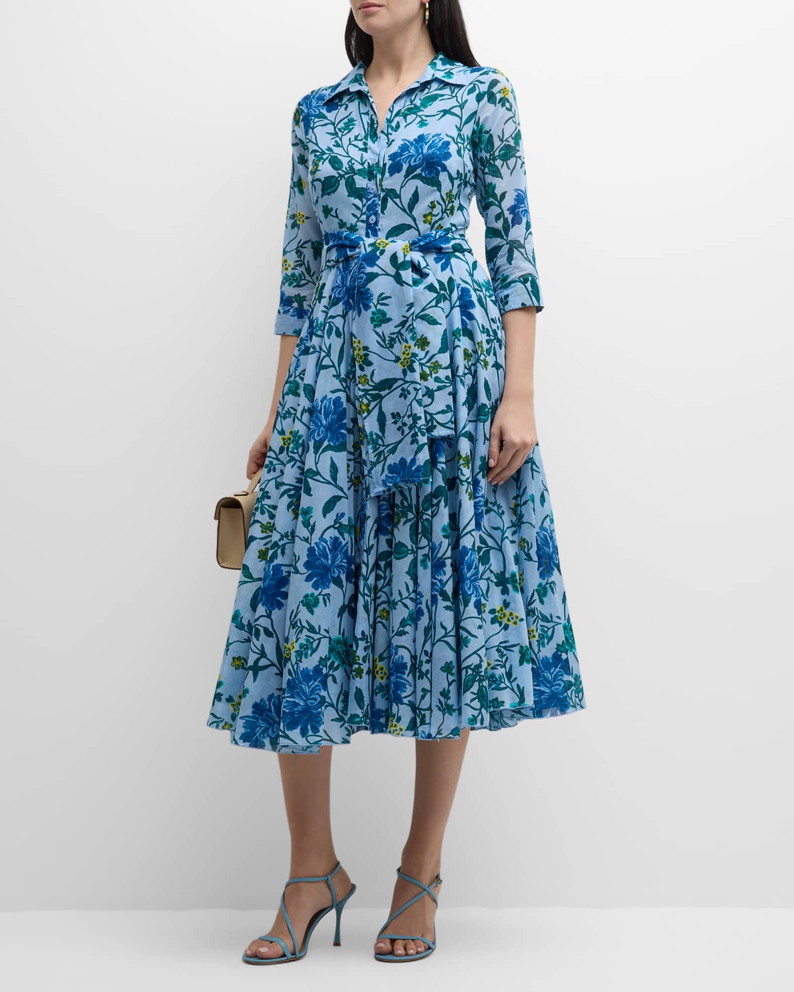 Samantha Sung Aster Belted Floral Print Cotton Midi Dress Neiman Marcus