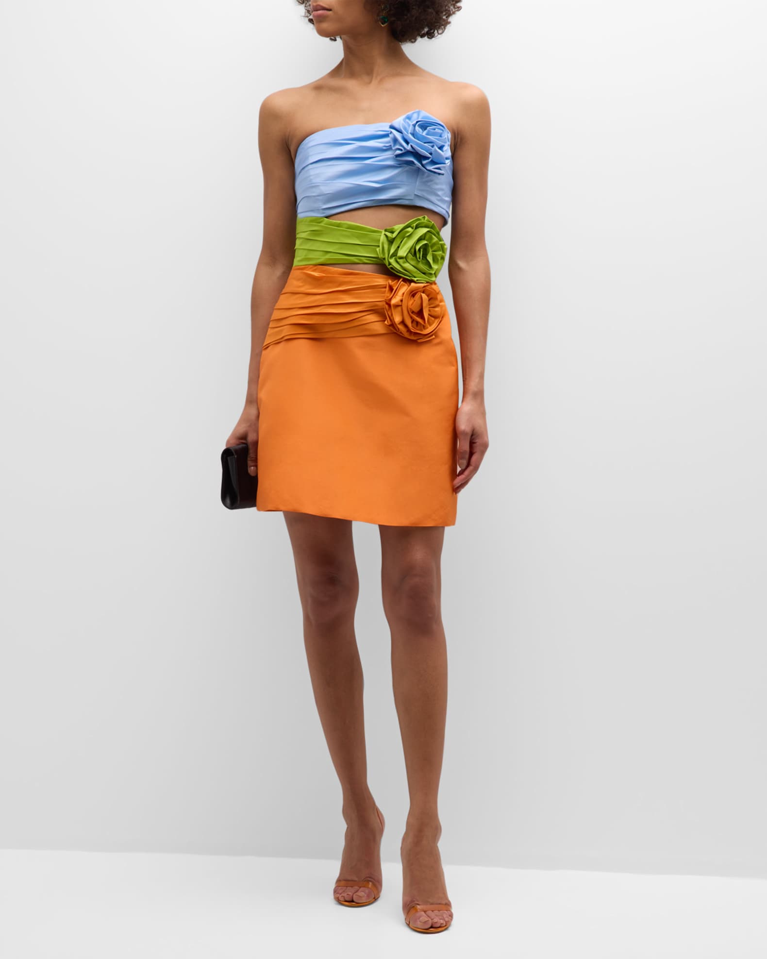Short Multi-Color Strapless Ruched Rosette Accented Tulle Dress D117