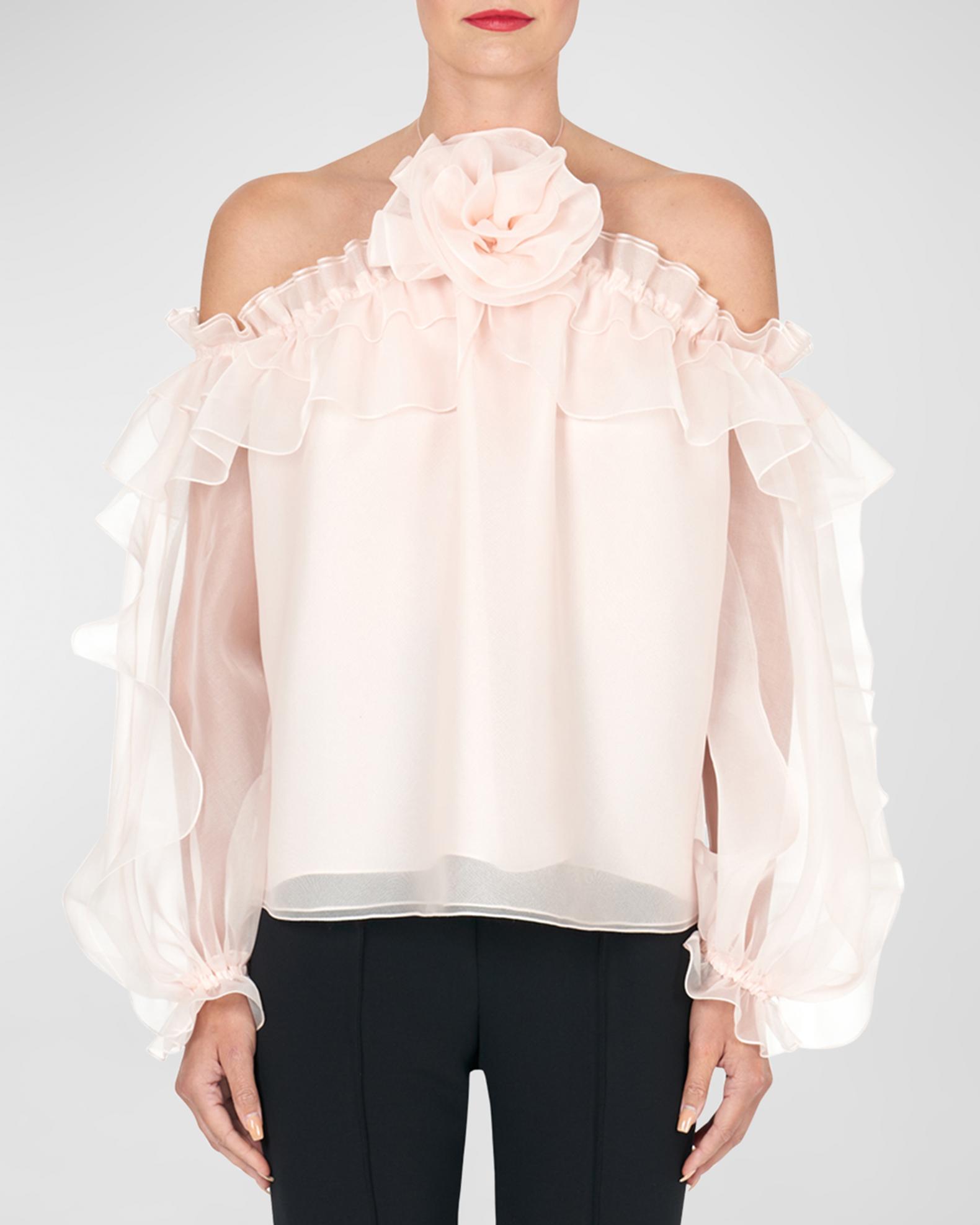 Carolina Herrera Ruffle Halter Top with Floral Applique Detail | Neiman ...