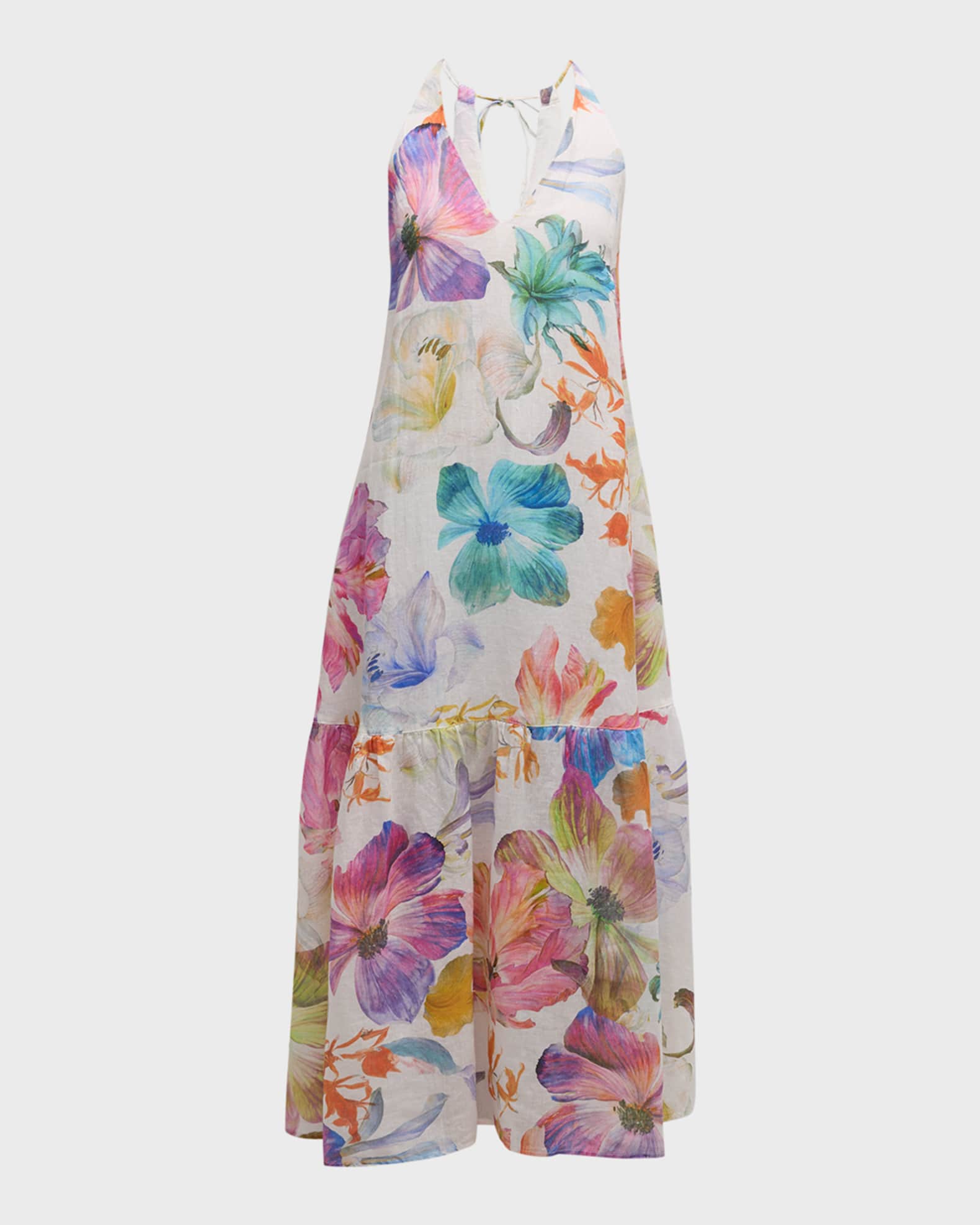 100% Linen Rose Print Women Halterneck Slip Maxi Dress
