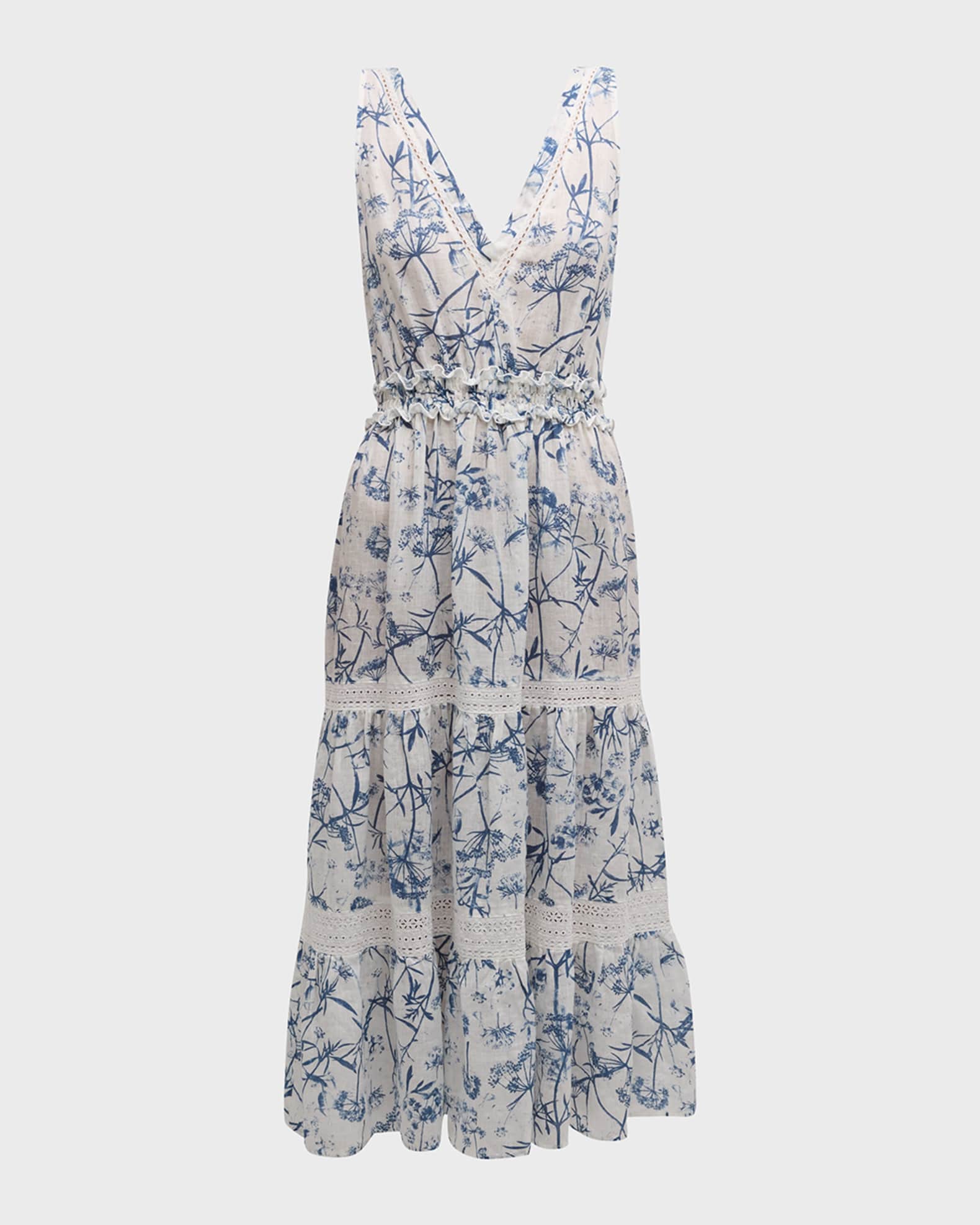 120% Lino Tiered Botanical-Print Linen Maxi Dress | Neiman Marcus