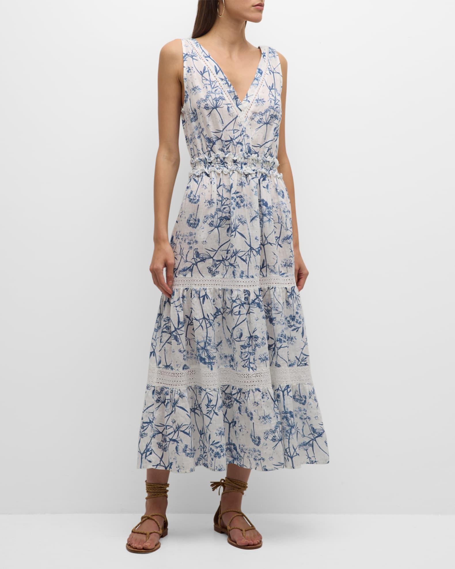 120% Lino Tiered Botanical-Print Linen Maxi Dress | Neiman Marcus