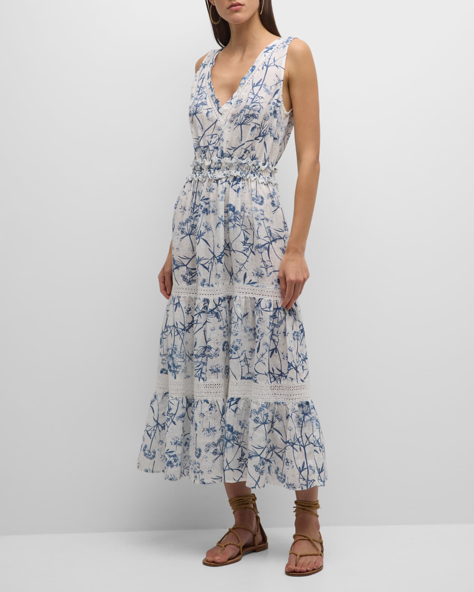 Tiered Botanical-Print Linen Maxi Dress