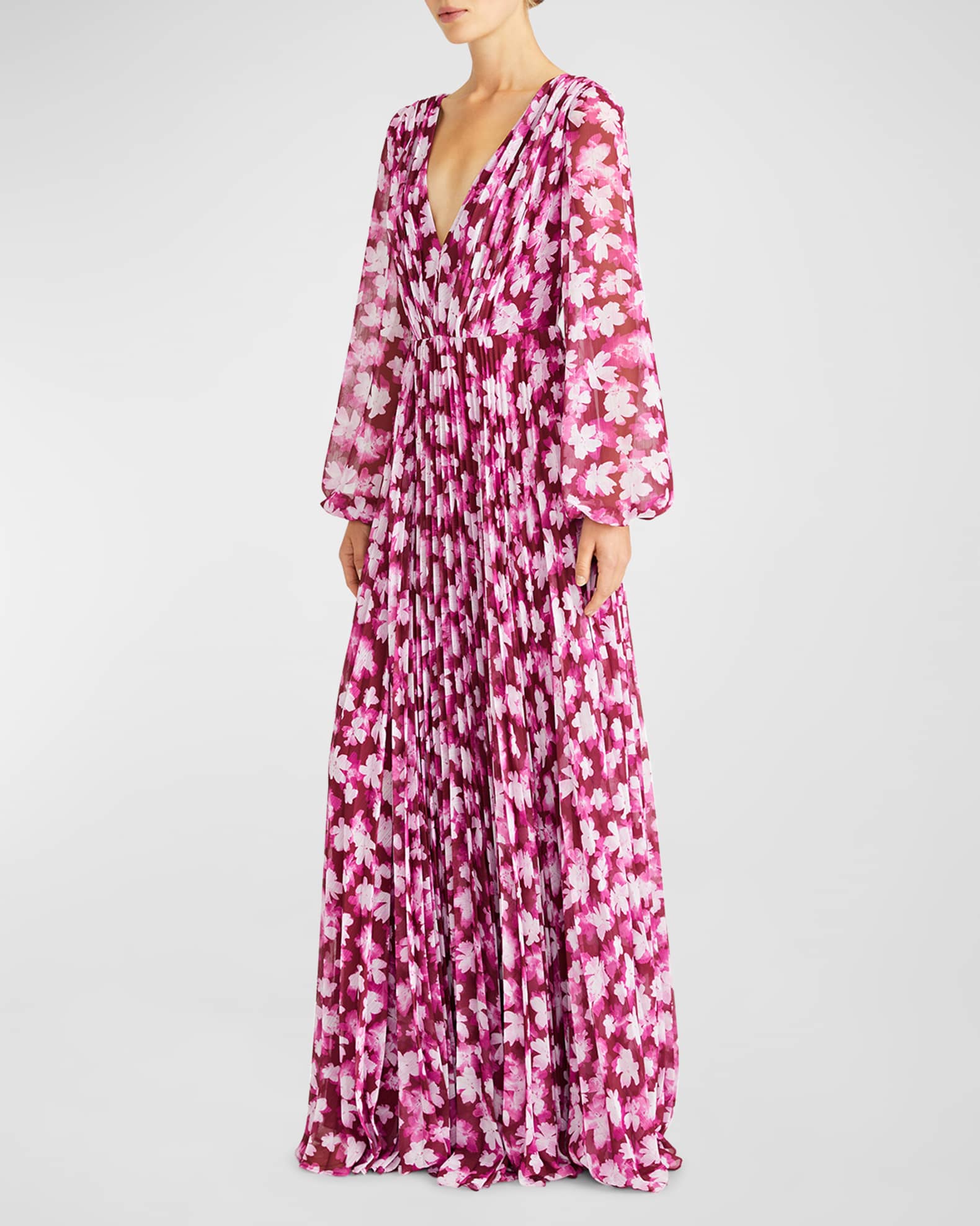 ML Monique Lhuillier Melanie Pleated Floral-Print Chiffon Gown | Neiman ...