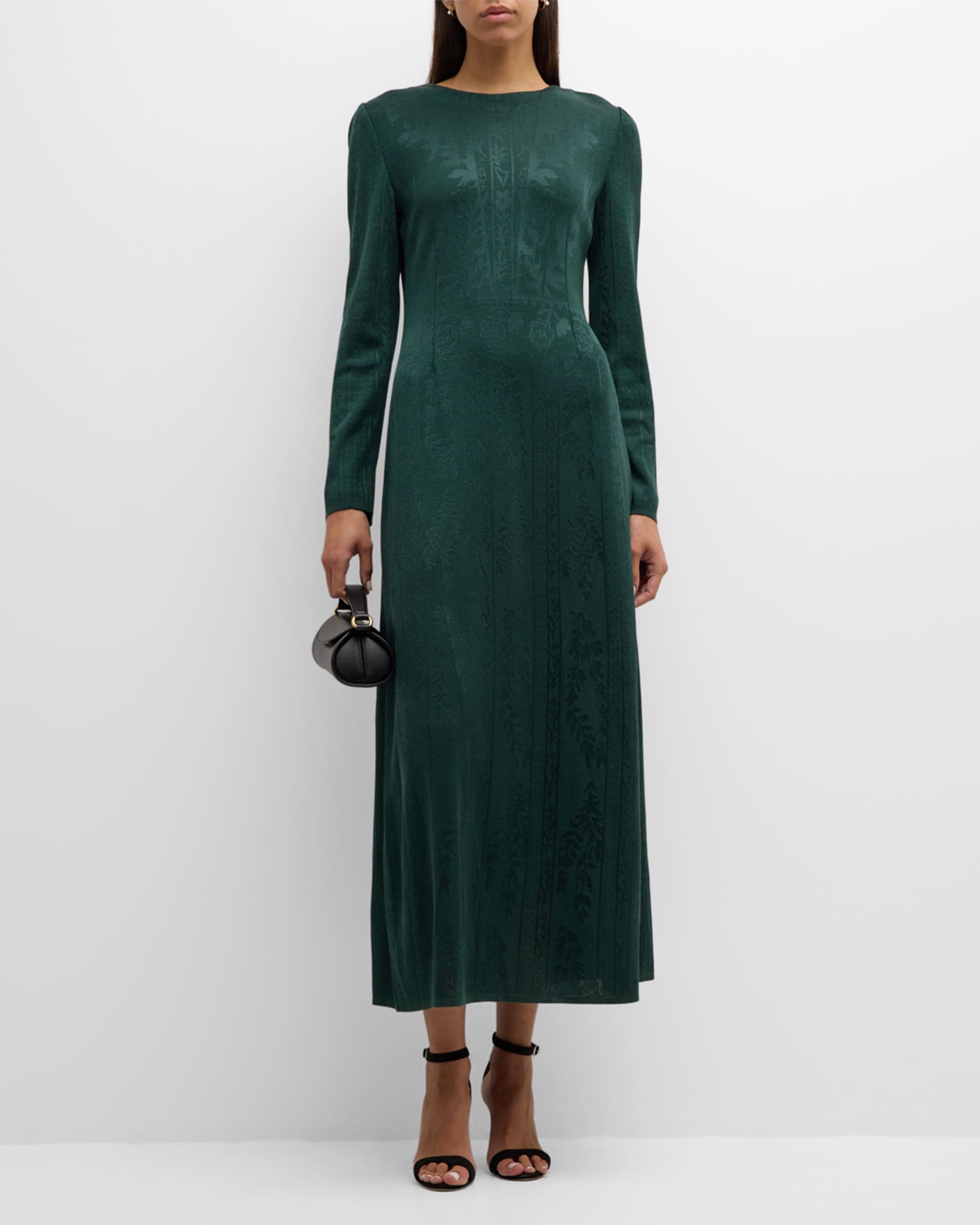 A-Line Floral Jacquard Soft Knit Midi Dress