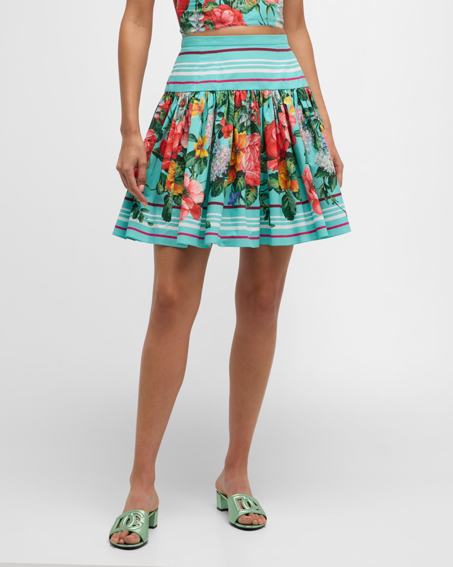 Dolce&Gabbana Floral Striped-Print Mini Flare Skirt | Neiman Marcus