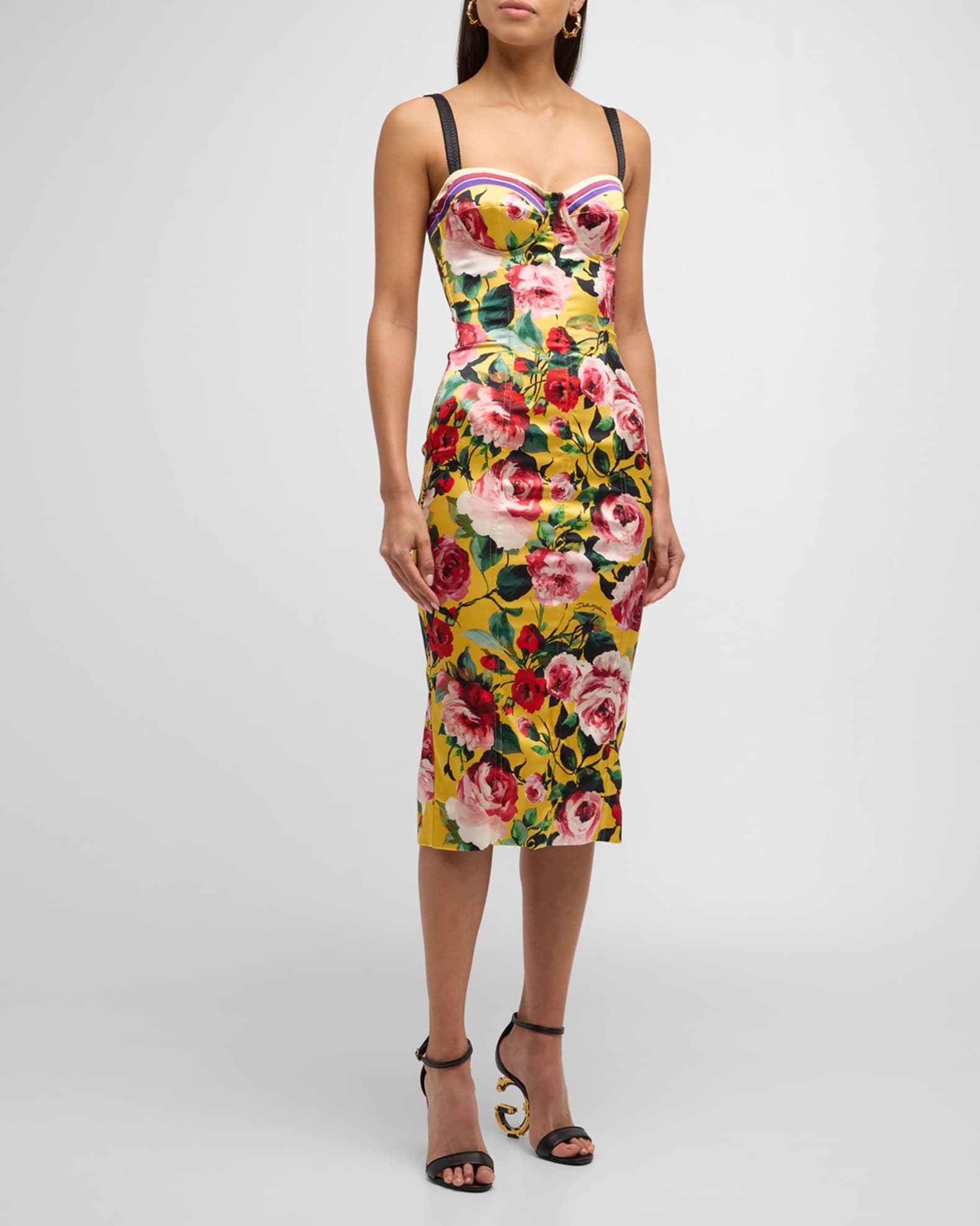 Dolce&Gabbana FloralPrint Sleeveless Bustier Midi Dress Neiman Marcus