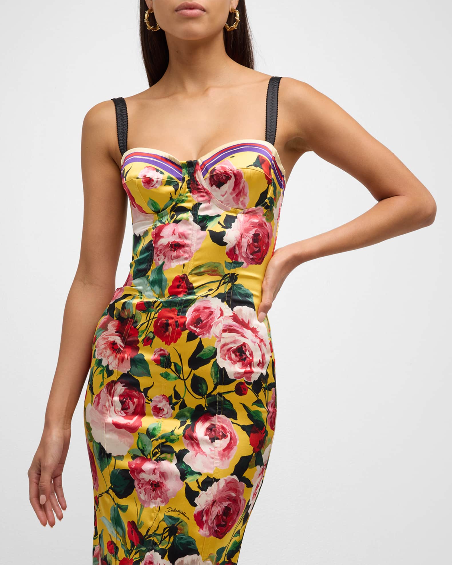 Dolce&Gabbana FloralPrint Sleeveless Bustier Midi Dress Neiman Marcus