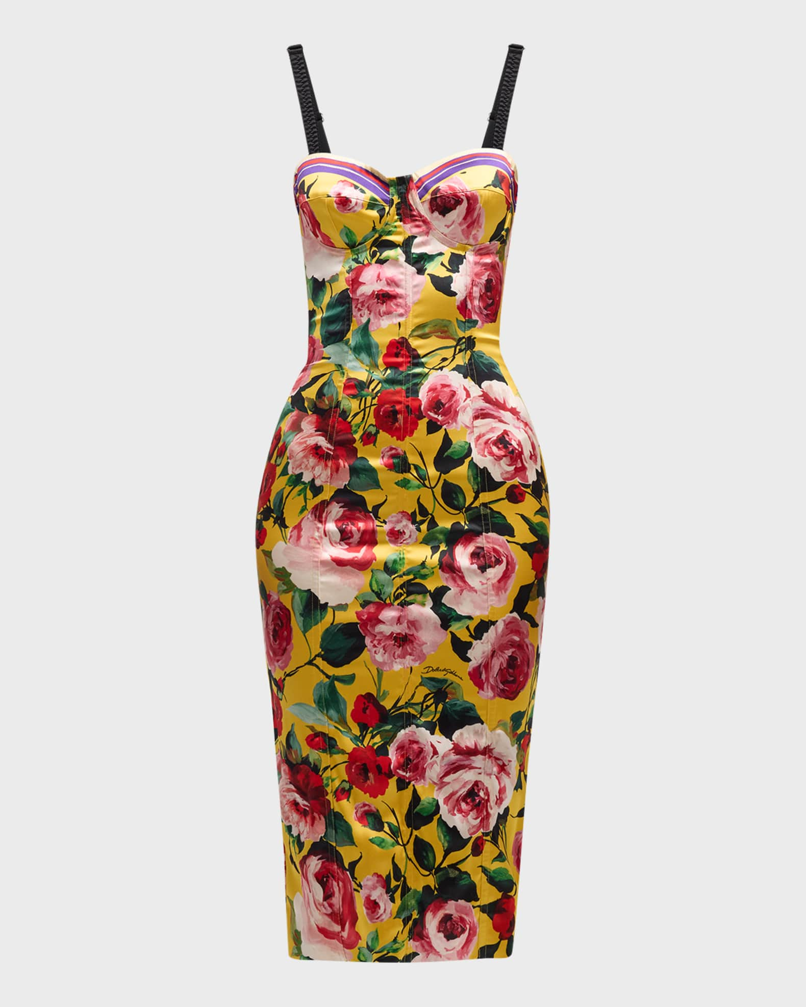 Dolce&Gabbana Floral-Print Sleeveless Bustier Midi Dress