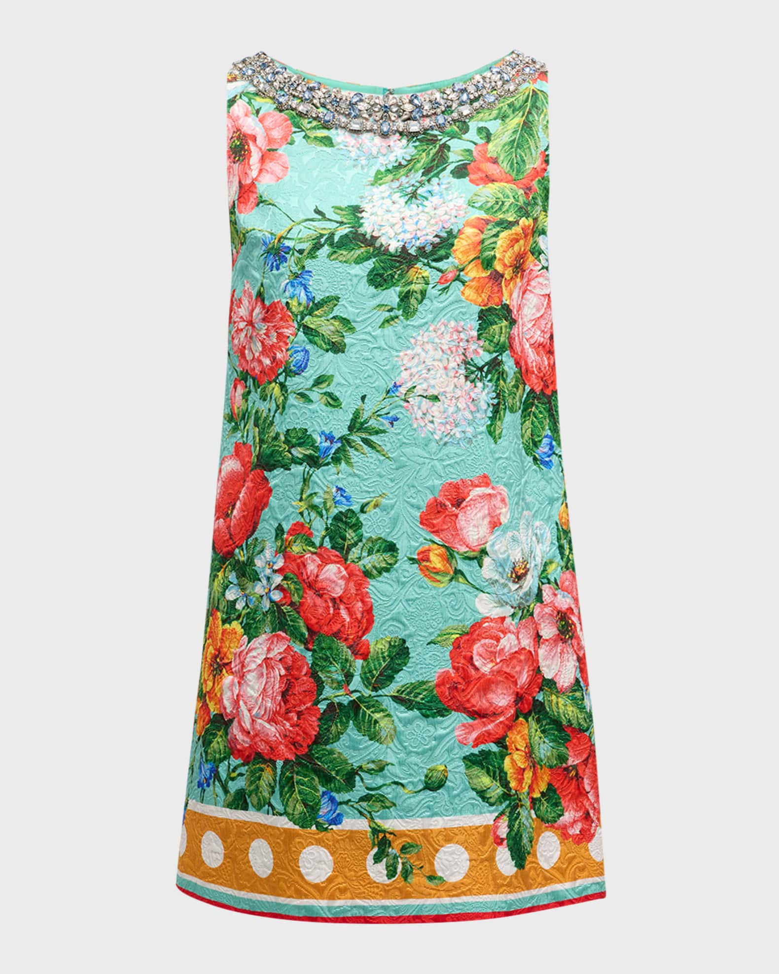 Floral Border-Print Crystal Sleeveless Jacquard Mini Dress