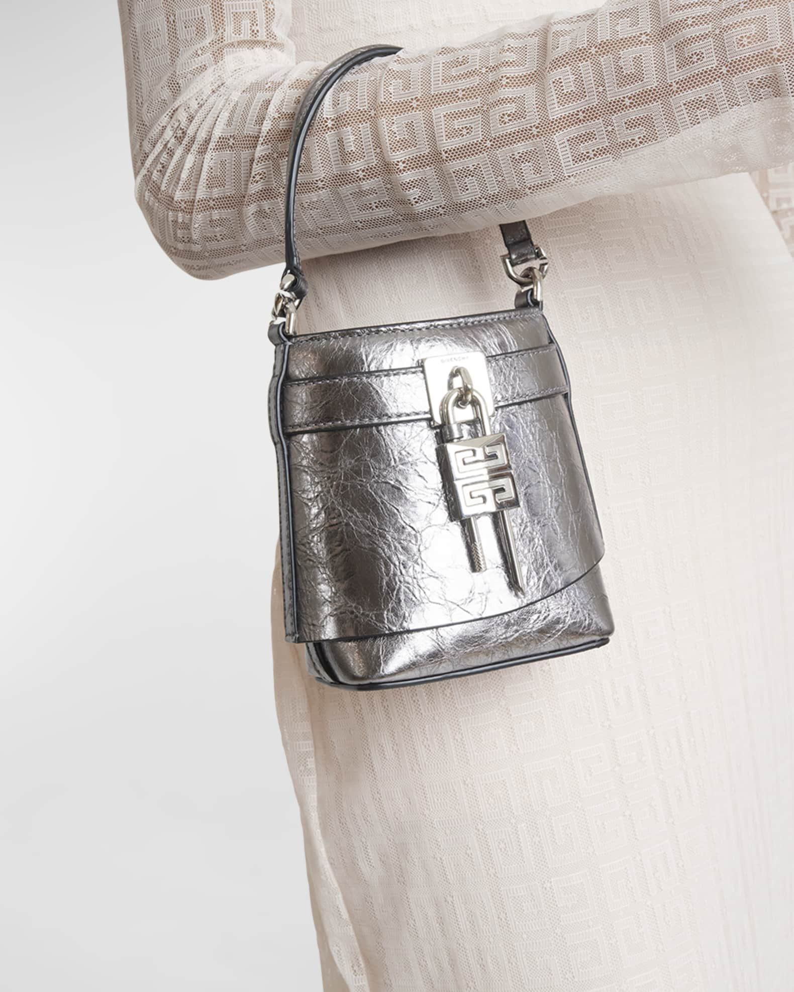 Shark Lock Micro metallic leather bucket bag in silver - Givenchy