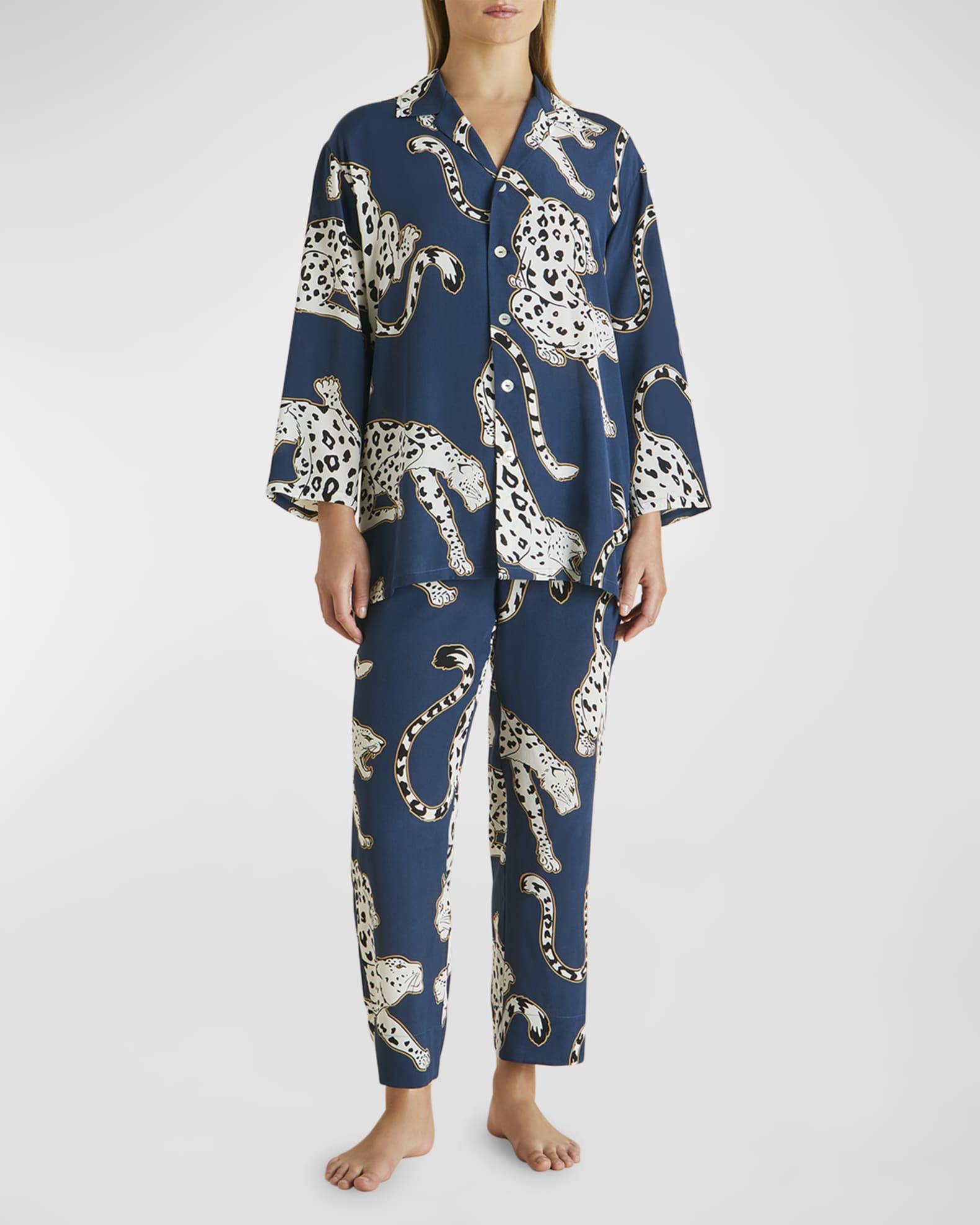 Olivia von Halle Casablanca Cropped Animal-Print Silk Pajama Set