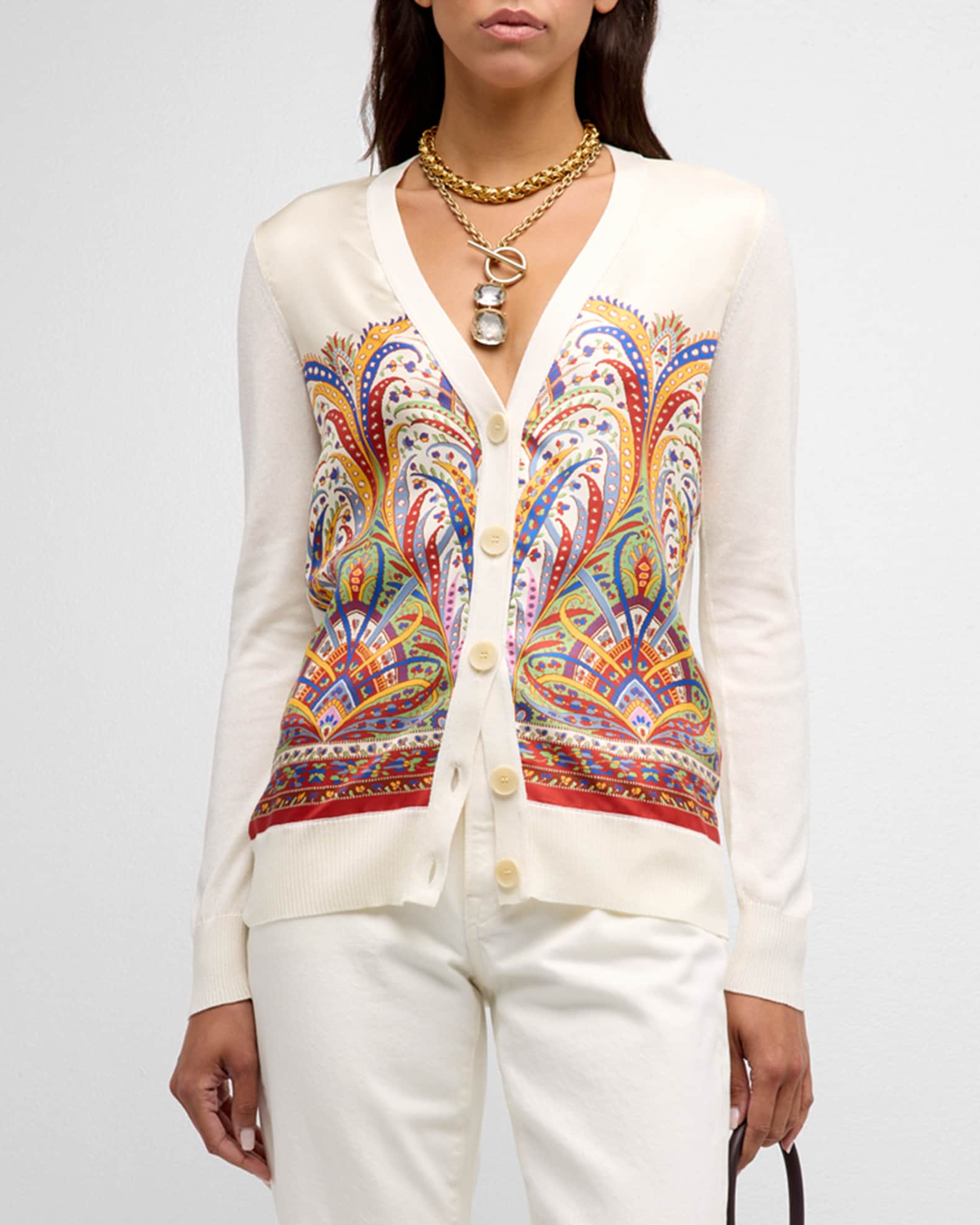 Etro Engineer-Print Silk Panel V-Neck Knit Cardigan