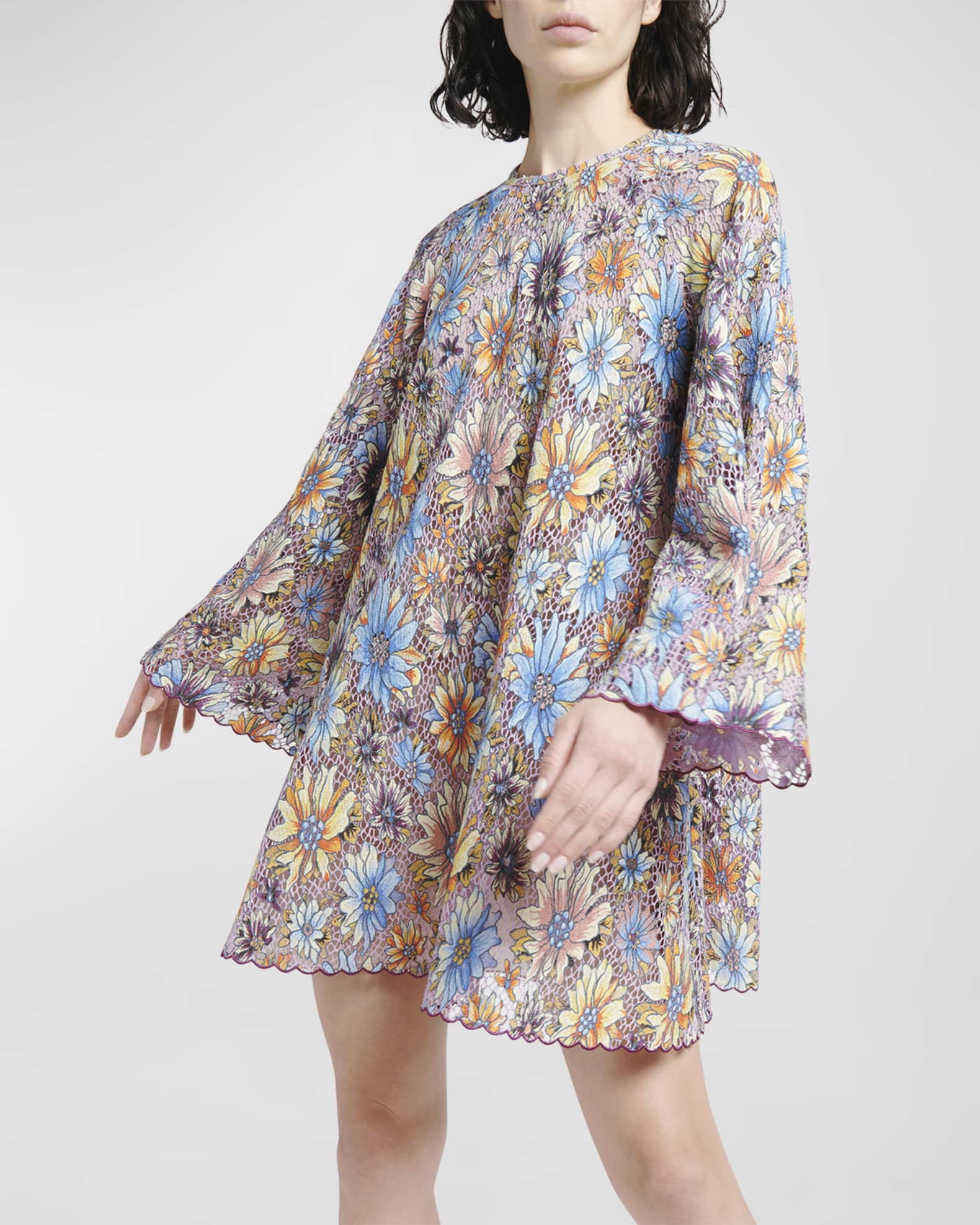 Etro Embroidered Floral Lace Bell-Sleeve Mini Dress | Neiman Marcus