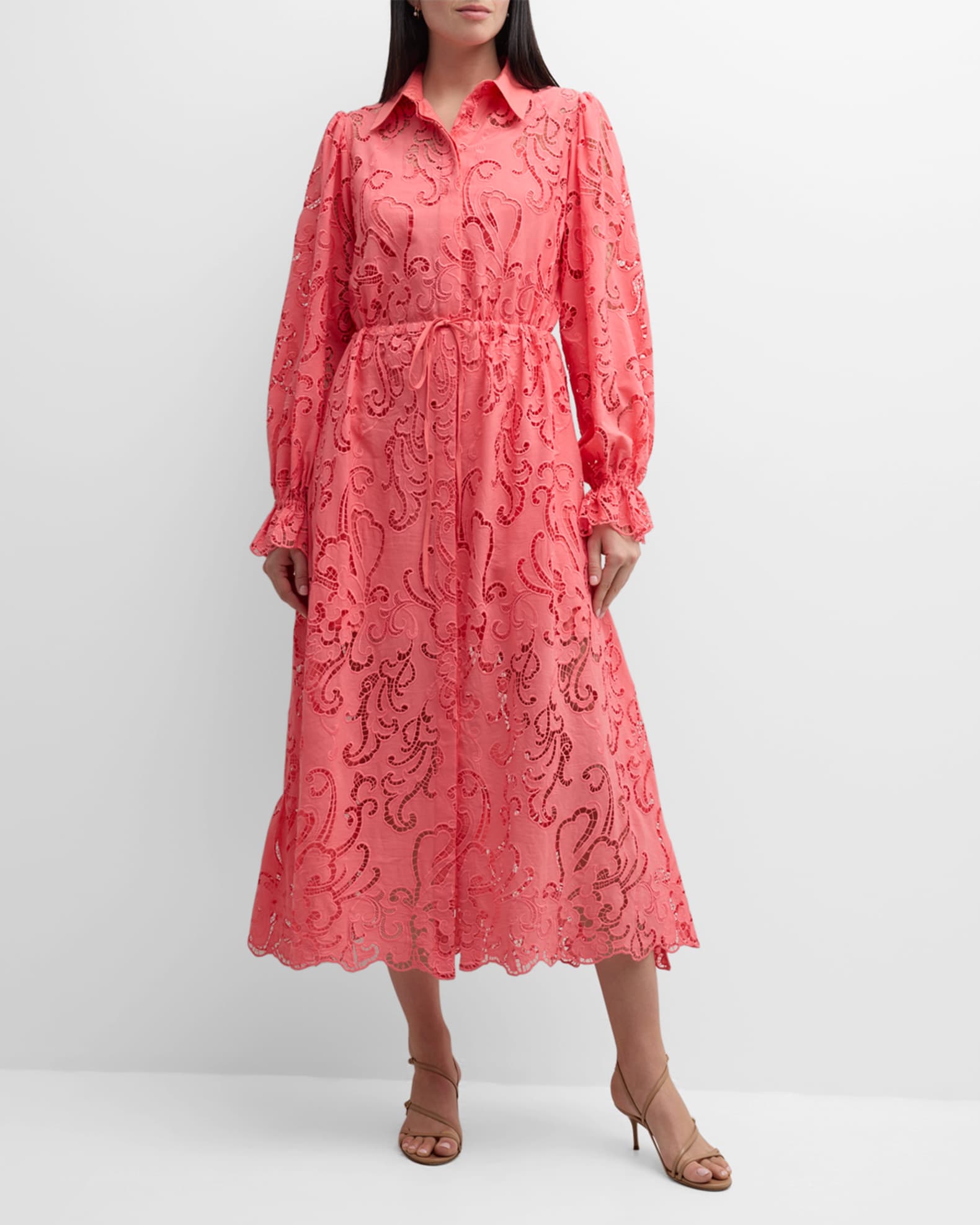 Evi Grintela Judy Embroidered Lace-Inset Midi Shirtdress | Neiman Marcus