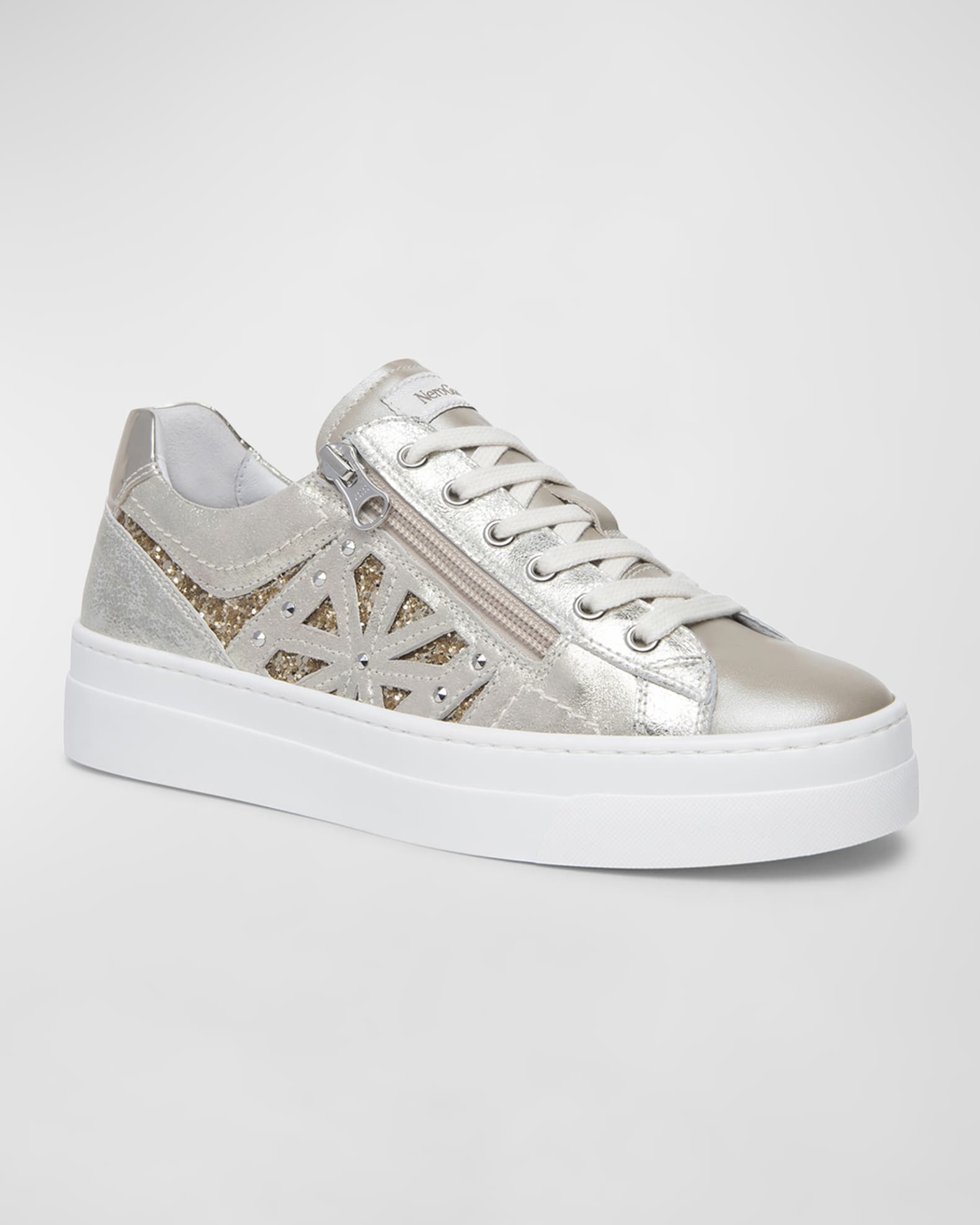 NeroGiardini Metallic Zip Cutout Glitter Sneakers Beige Khaki