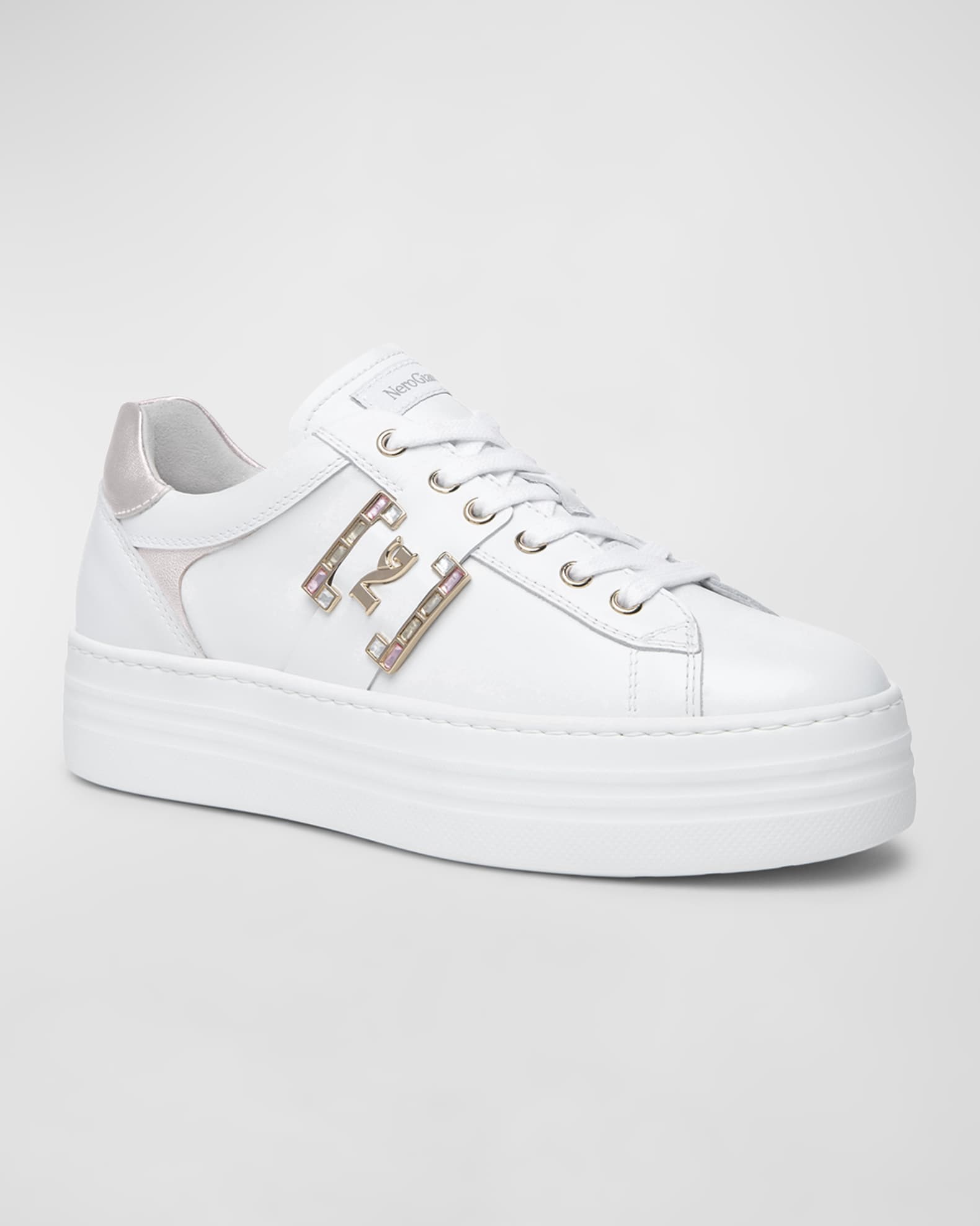 Jeweled Logo Leather Skater Sneakers 1