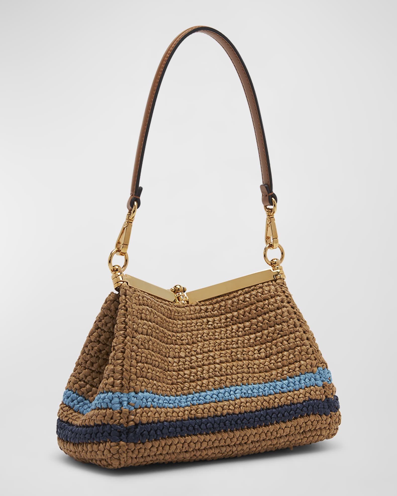 Vela Medium Woven Leather and Raffia Shoulder Bag - White
