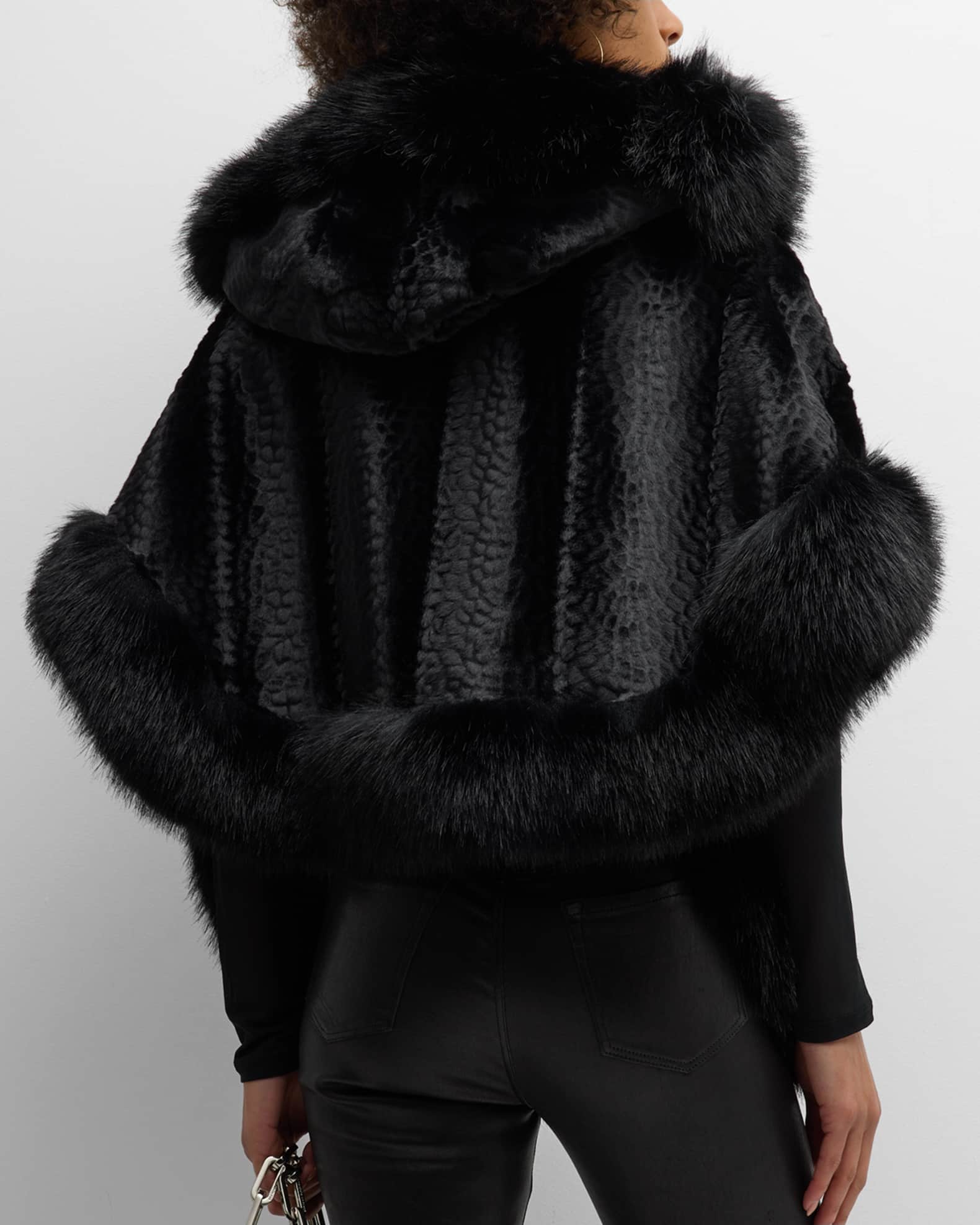 Kelli Kouri Hooded Faux Fur Poncho with Leather Strings | Neiman Marcus