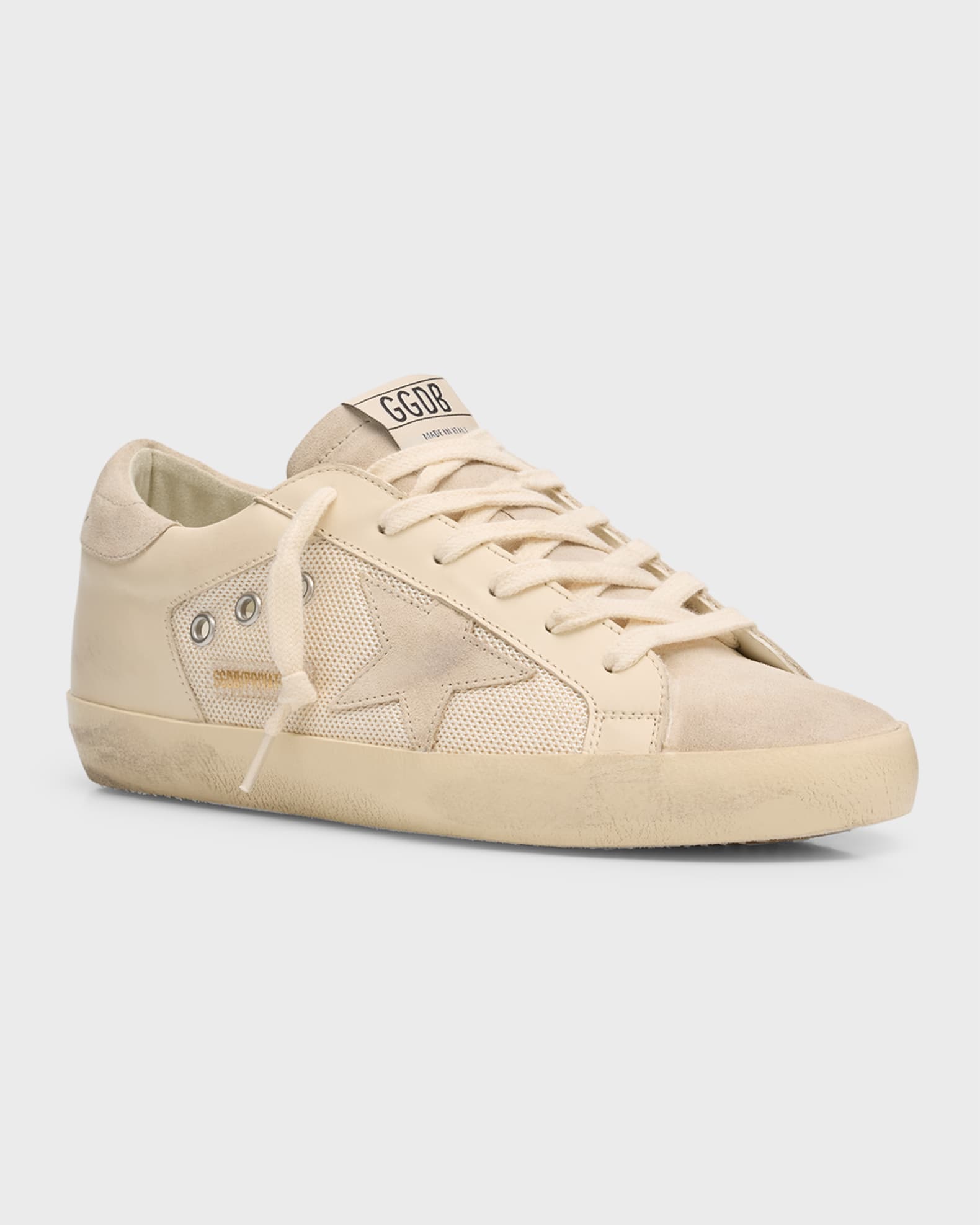 Superstar distressed leather and suede sneakers hot sale