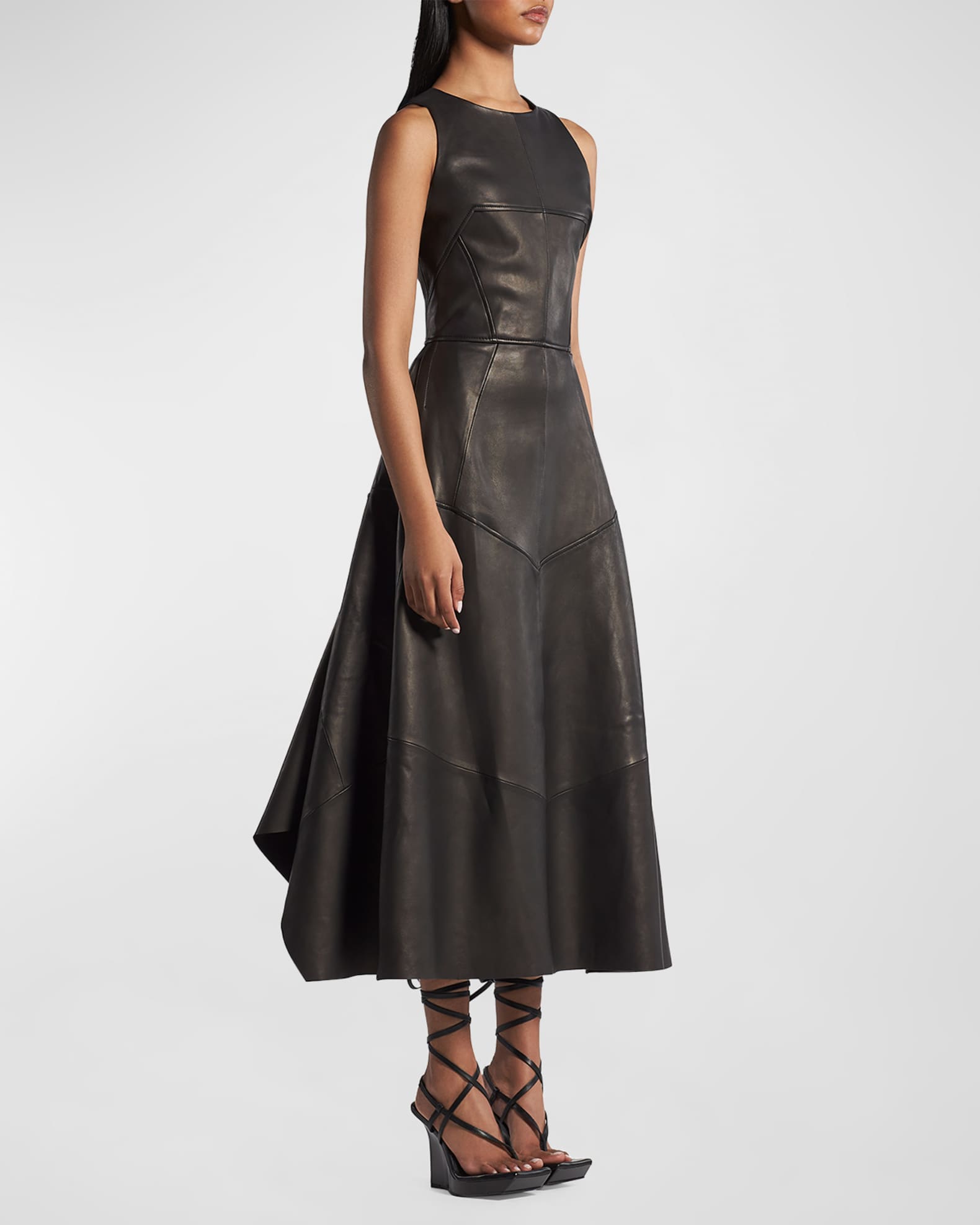Maticevski Linden Sleeveless Paneled Leather Midi Dress | Neiman Marcus