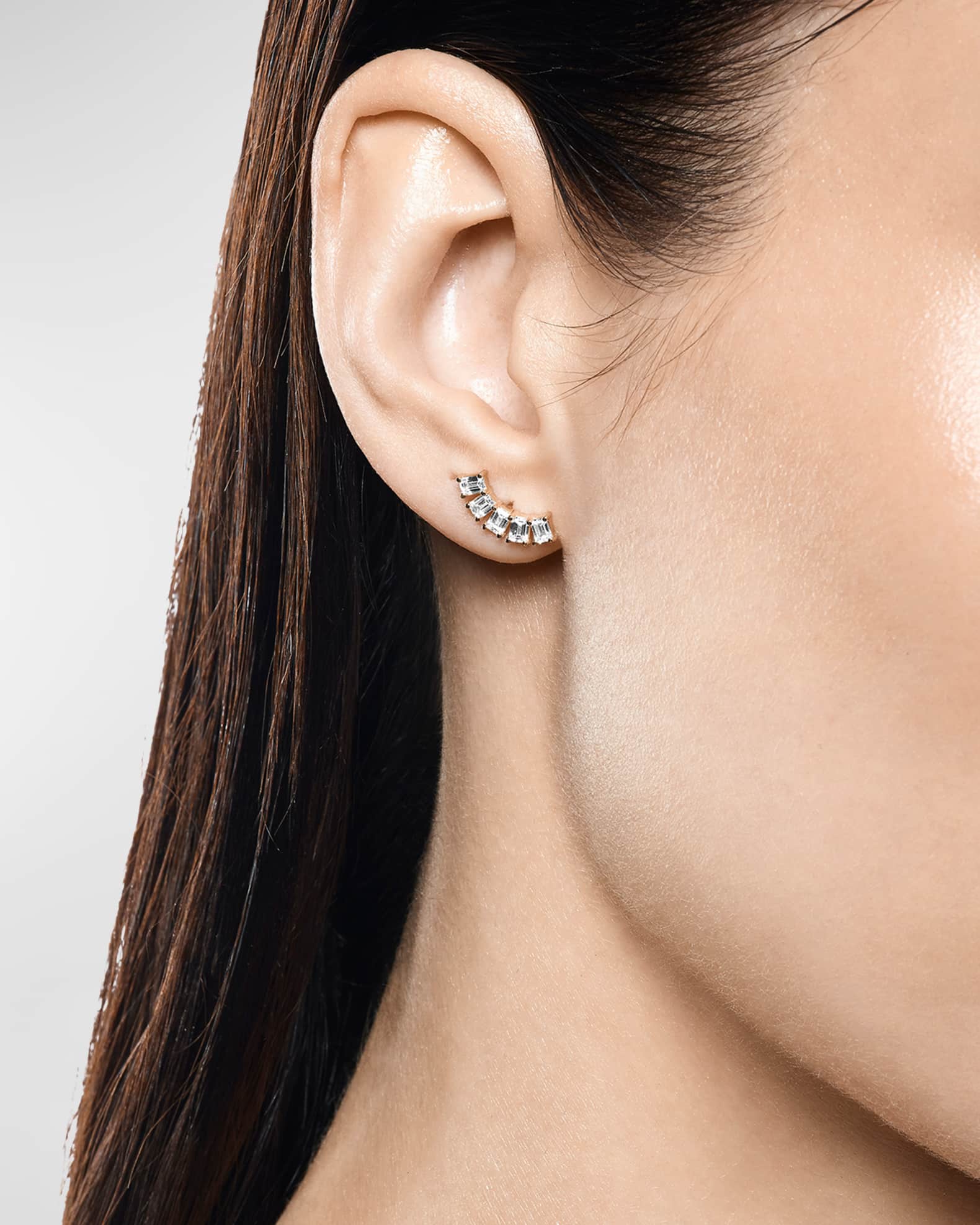 14k Curved Emerald-Cut Diamond Stud Earrings - Thumbnail 2