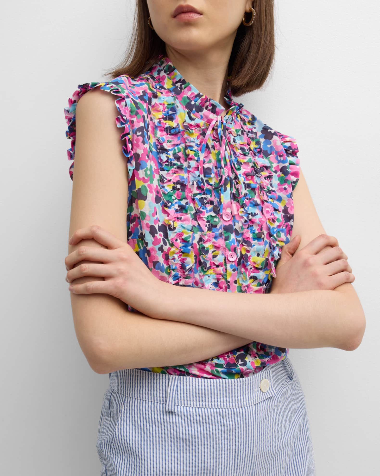 Cotton Voile Floral Print Blouse with Ruffle Detail