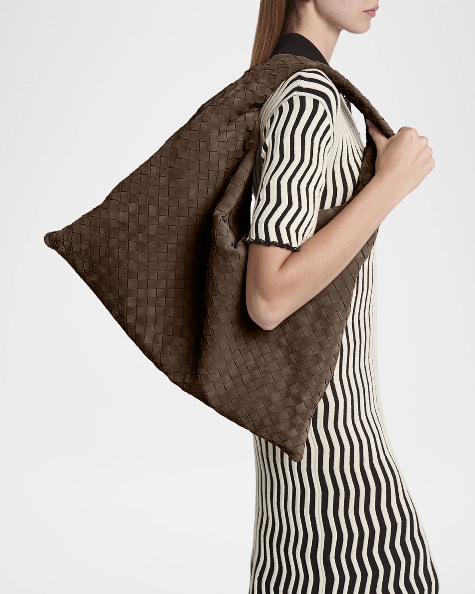 Bottega Veneta Large Hop Intrecciato Suede Hobo Bag 1550 Mastice M Brass
