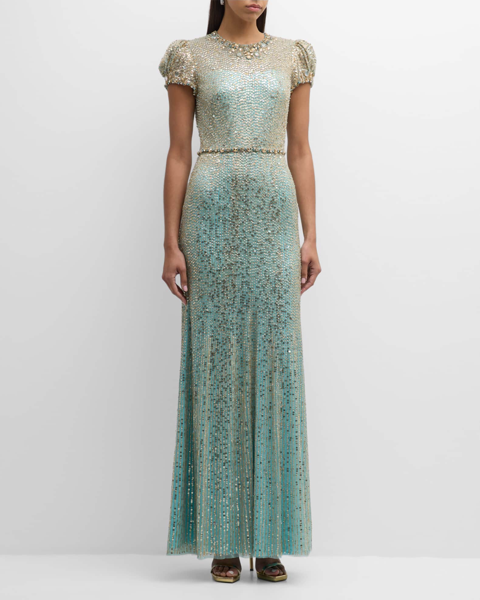 Jenny Packham Nerissa Embellished Puff-Sleeve Trumpet Gown | Neiman Marcus