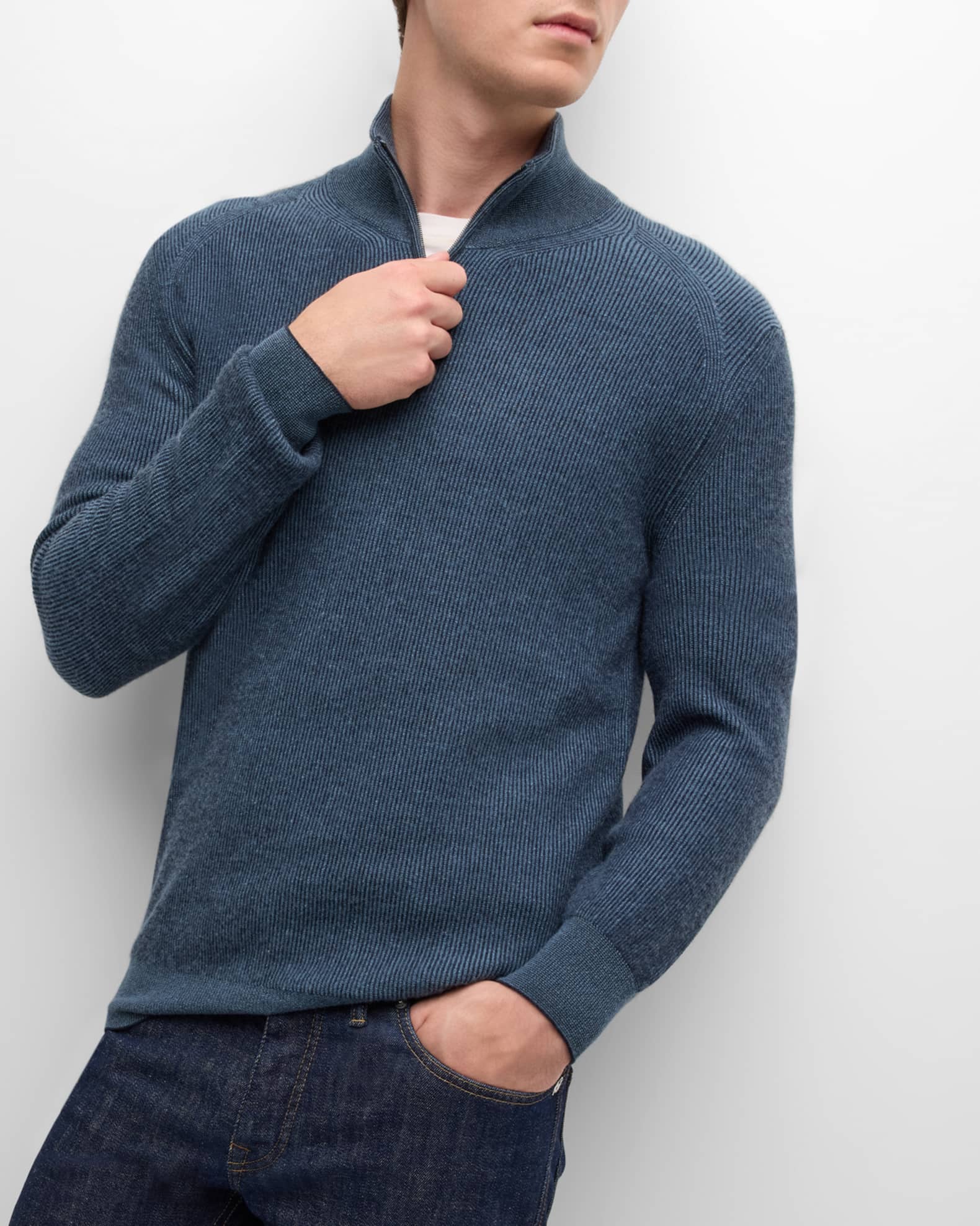 Men's Italian Sirmione 100% Egyptian Cotton Flat-Knit Quarter-Zip Sweater in Navy