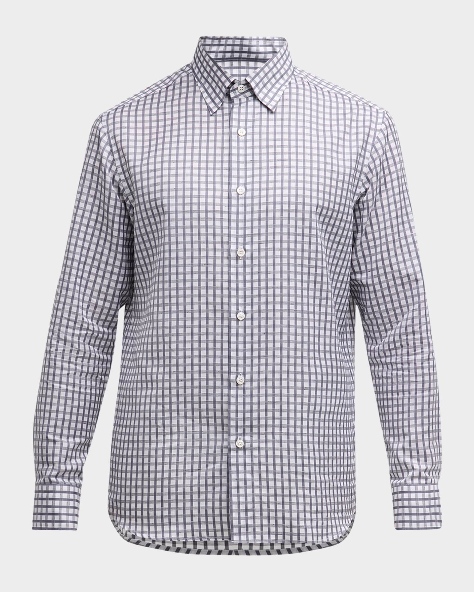 Men's Cotton-Linen Check Sport Shirt 0