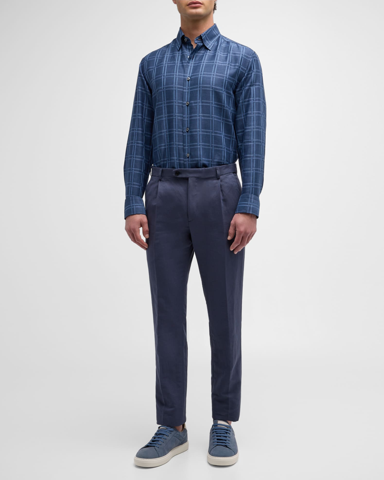 Men's Cotton-Linen Basketweave-Print Sport Shirt  1