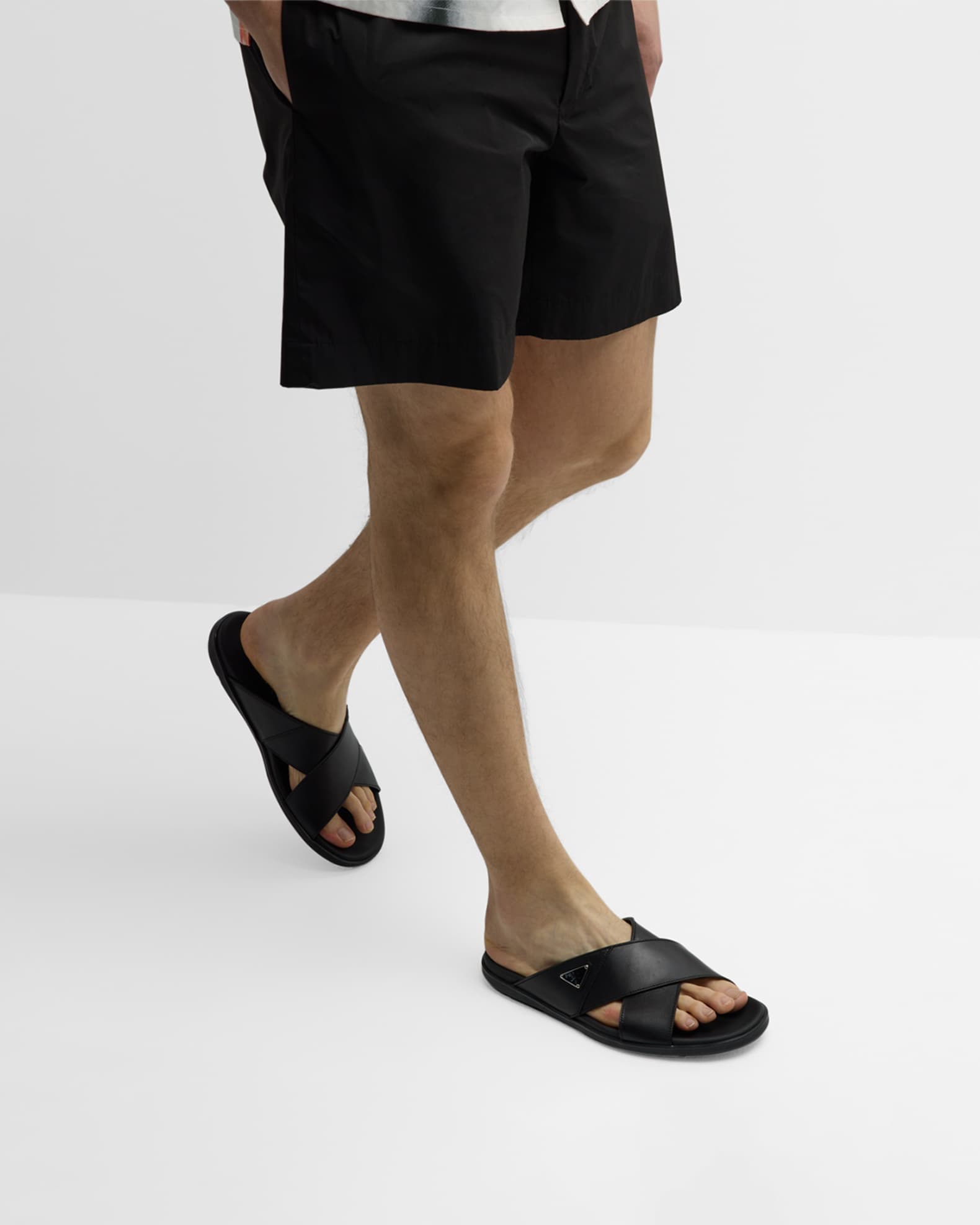 Prada Men's Leather Crisscross Slide Sandals | Neiman Marcus