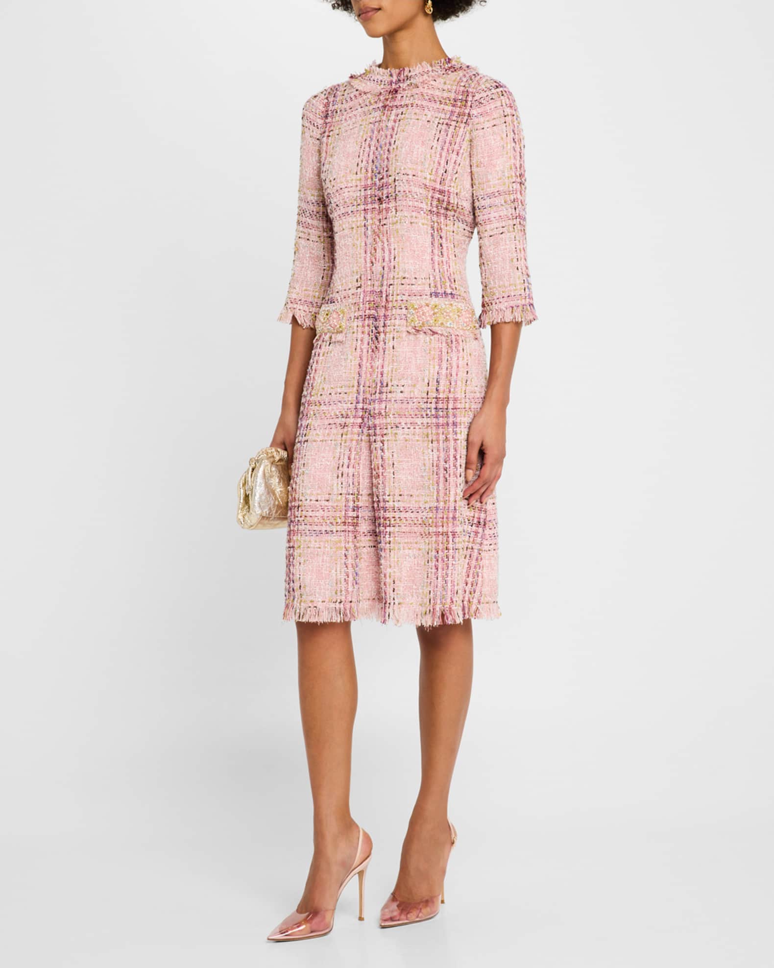 Beaded Fringe-Trim Plaid Tweed Midi Dress 1