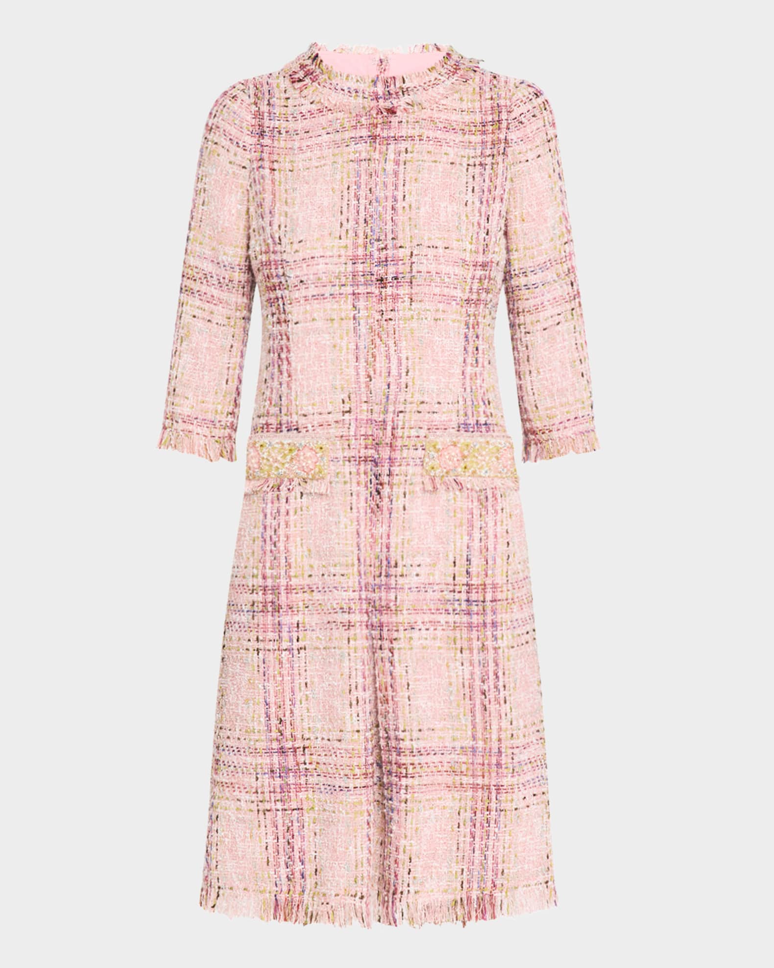 Beaded Fringe-Trim Plaid Tweed Midi Dress 0