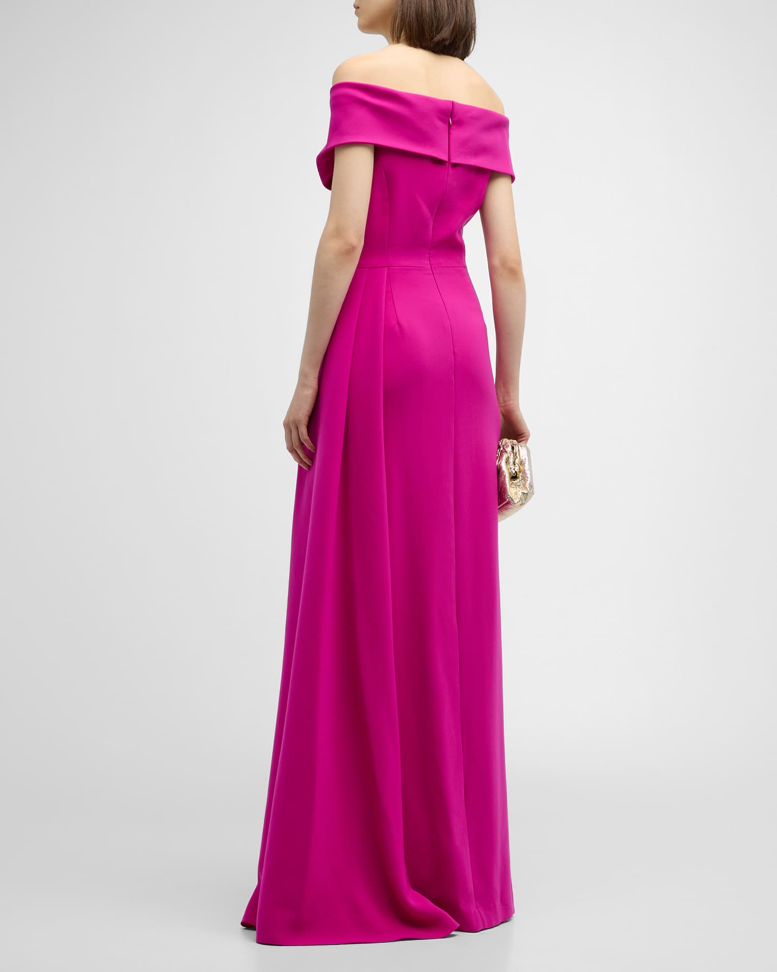 Rickie Freeman for Teri Jon Pleated Off Shoulder Draped Crepe Gown Neiman Marcus