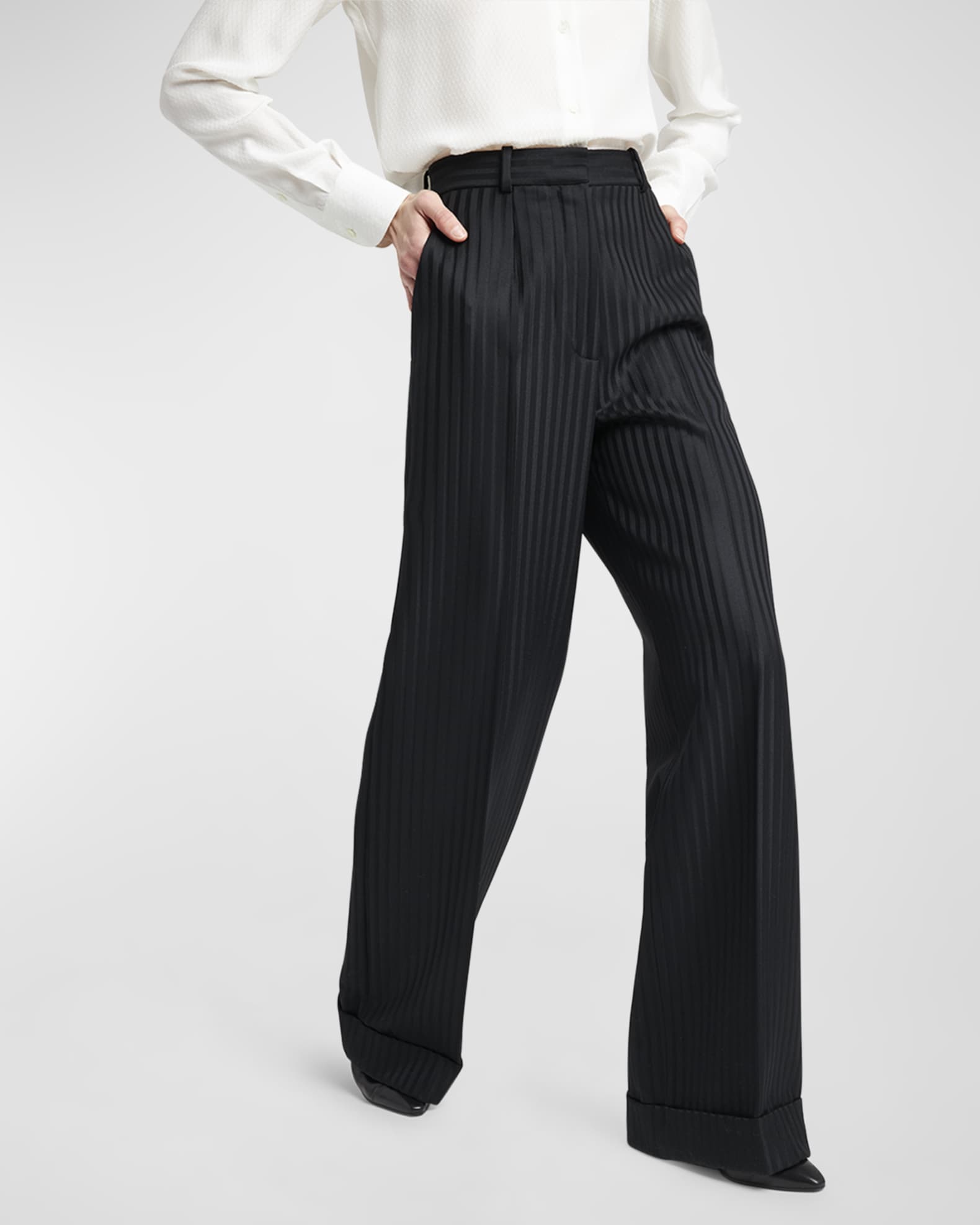 Brunello Cucinelli Pleated Chalk Stripe Drawstring Virgin Wool Pants