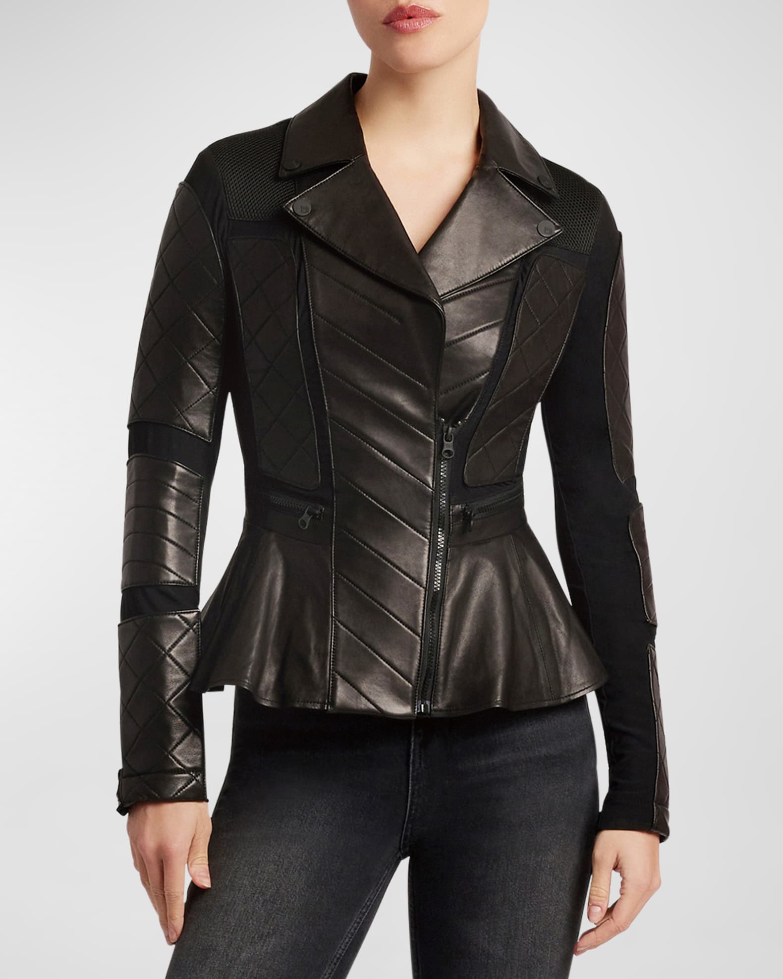 Mesh Leather | Peplum Neiman Noir Blanc Jacket Moto Marcus
