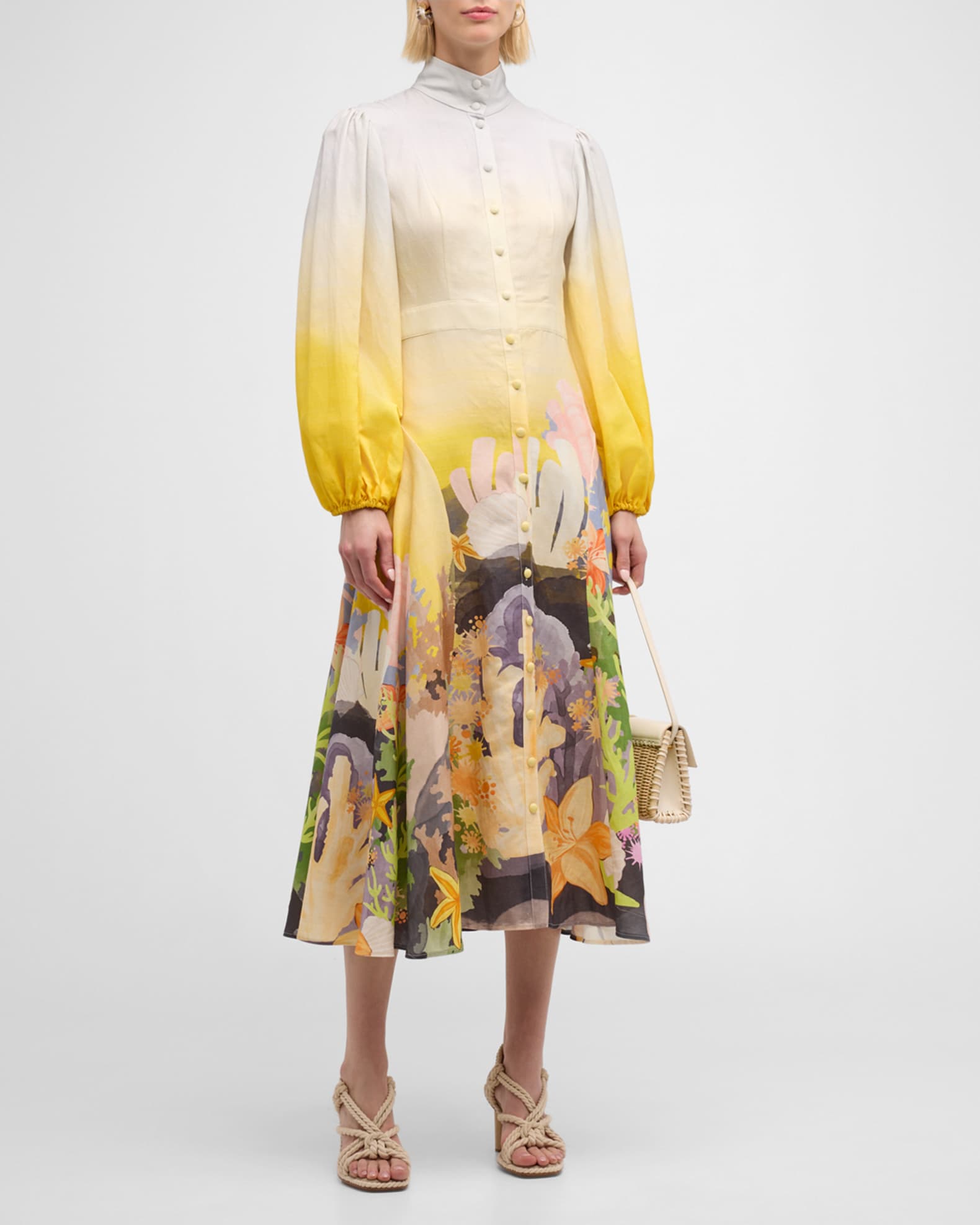 LEO LIN Nellie Coral-Print Balloon-Sleeve Midi Dress | Neiman Marcus
