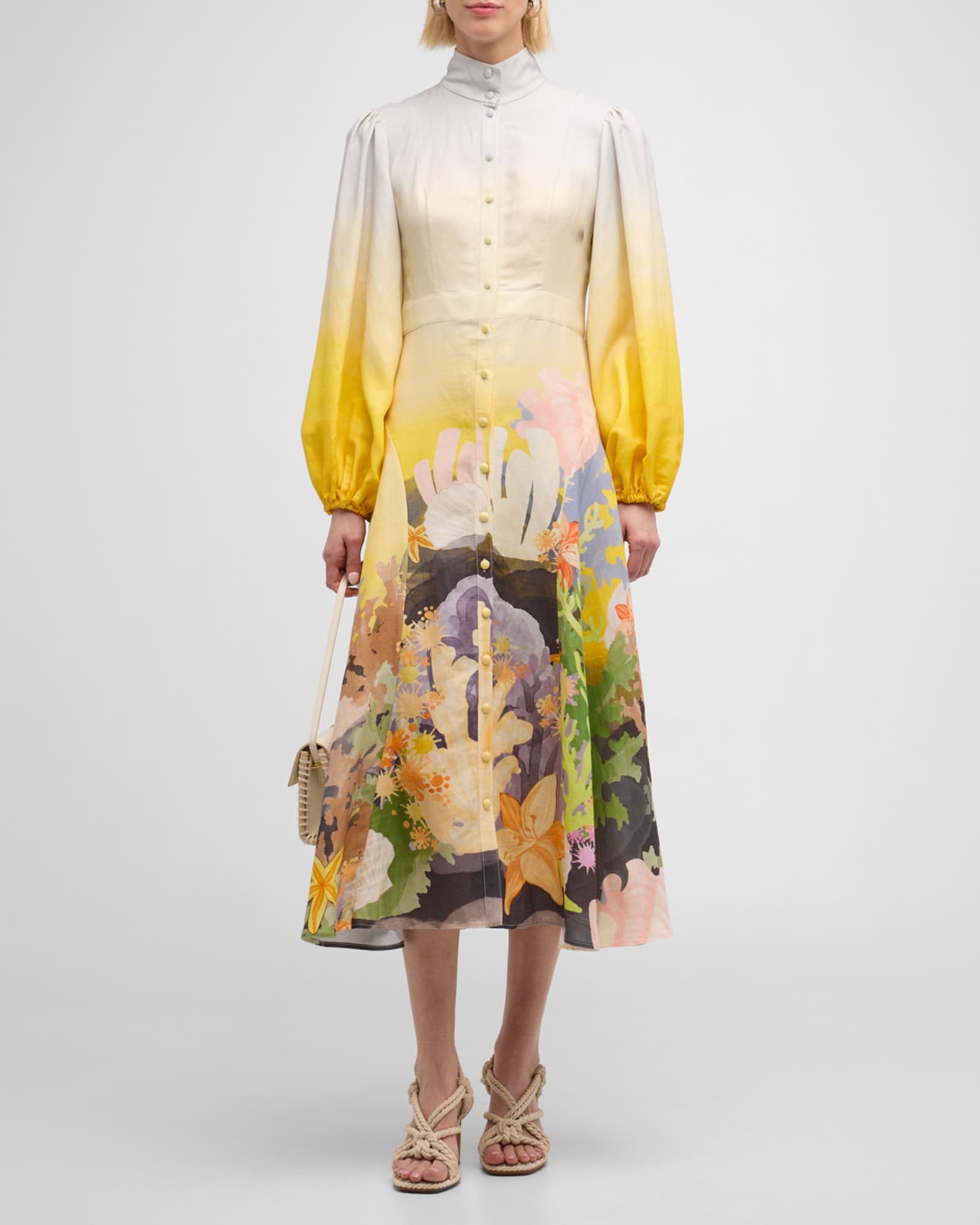 LEO LIN Nellie Coral-Print Balloon-Sleeve Midi Dress | Neiman Marcus