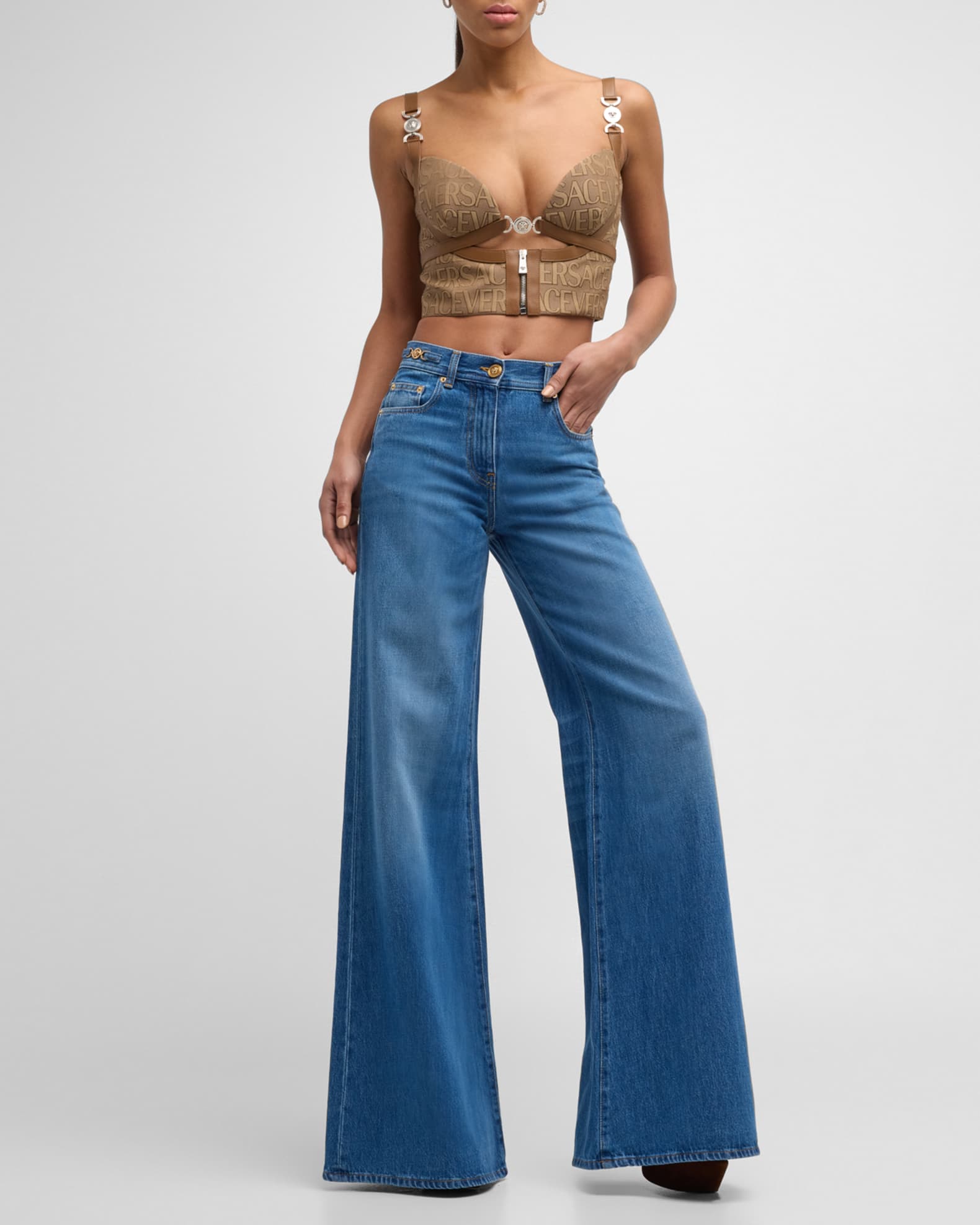 Versace Mid-Rise Stone Wash Denim Wide-Leg Pants | Neiman Marcus