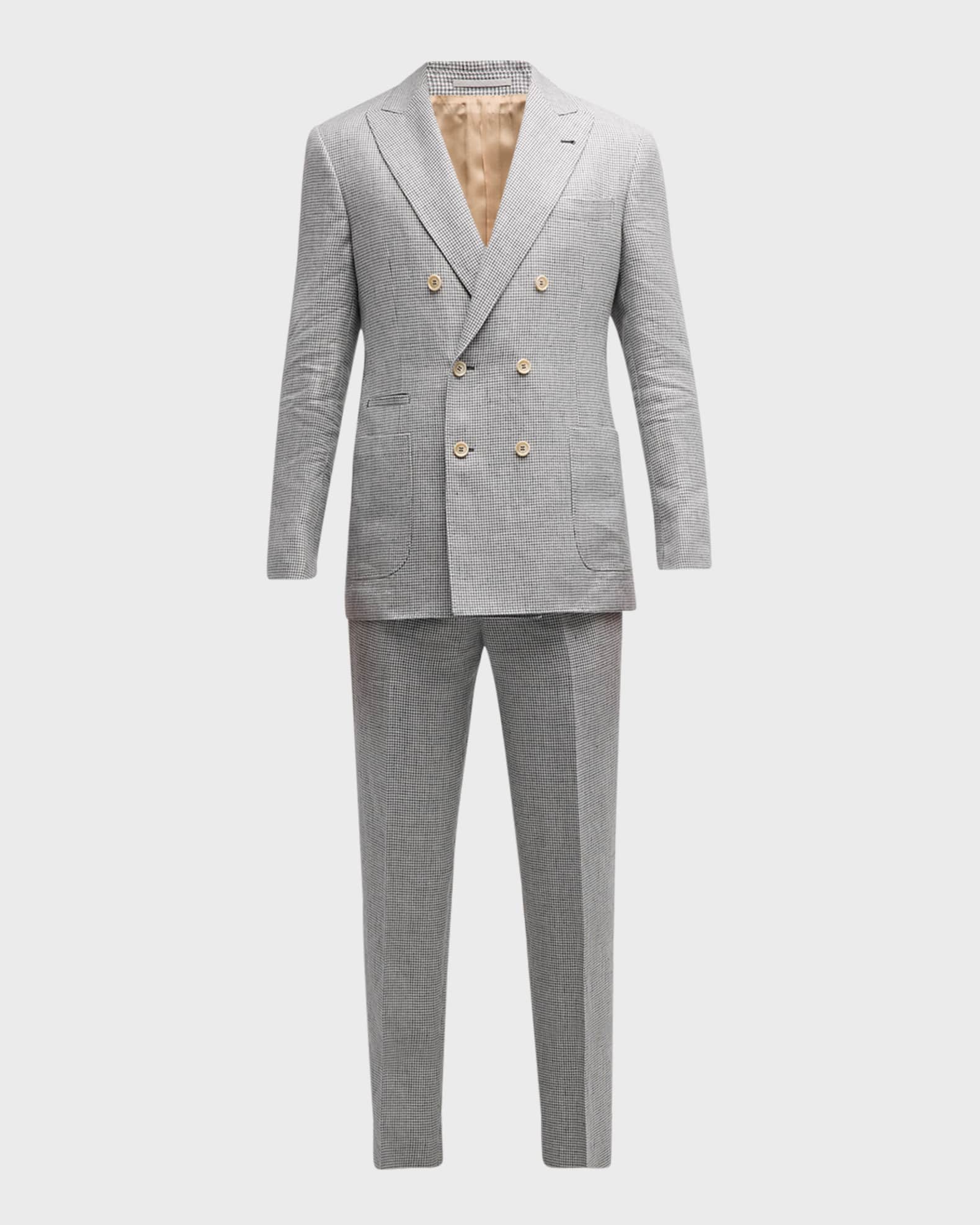 Brunello Cucinelli Men's Linen Houndstooth Double-Breasted Suit