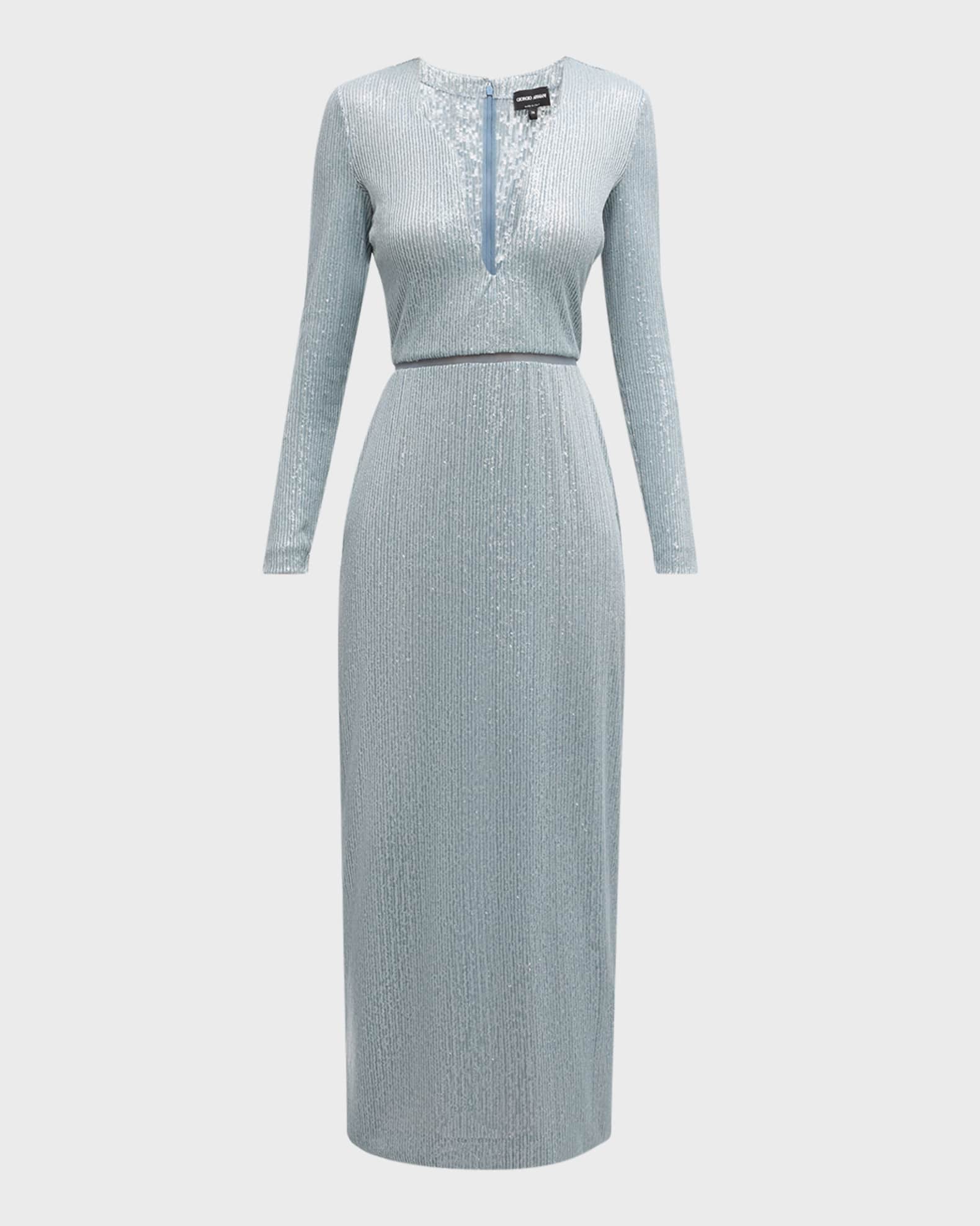 Giorgio Armani Women's Sequined Long-Sleeve Midi Dress - Silver Cloud - Size 14