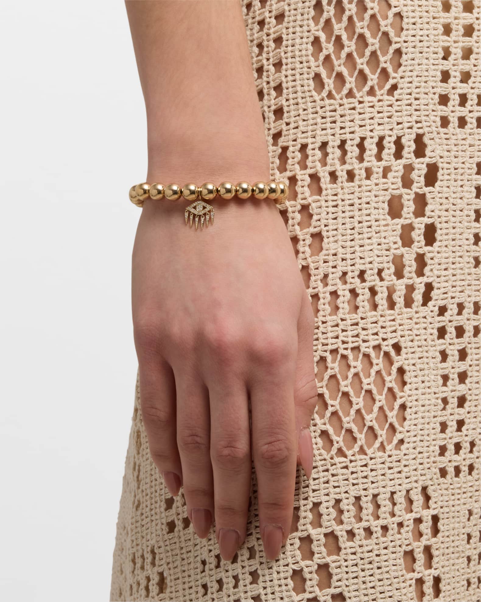 Evil Eye Diamond Fringe Charm on Beaded 14K Yellow Gold Bracelet 1